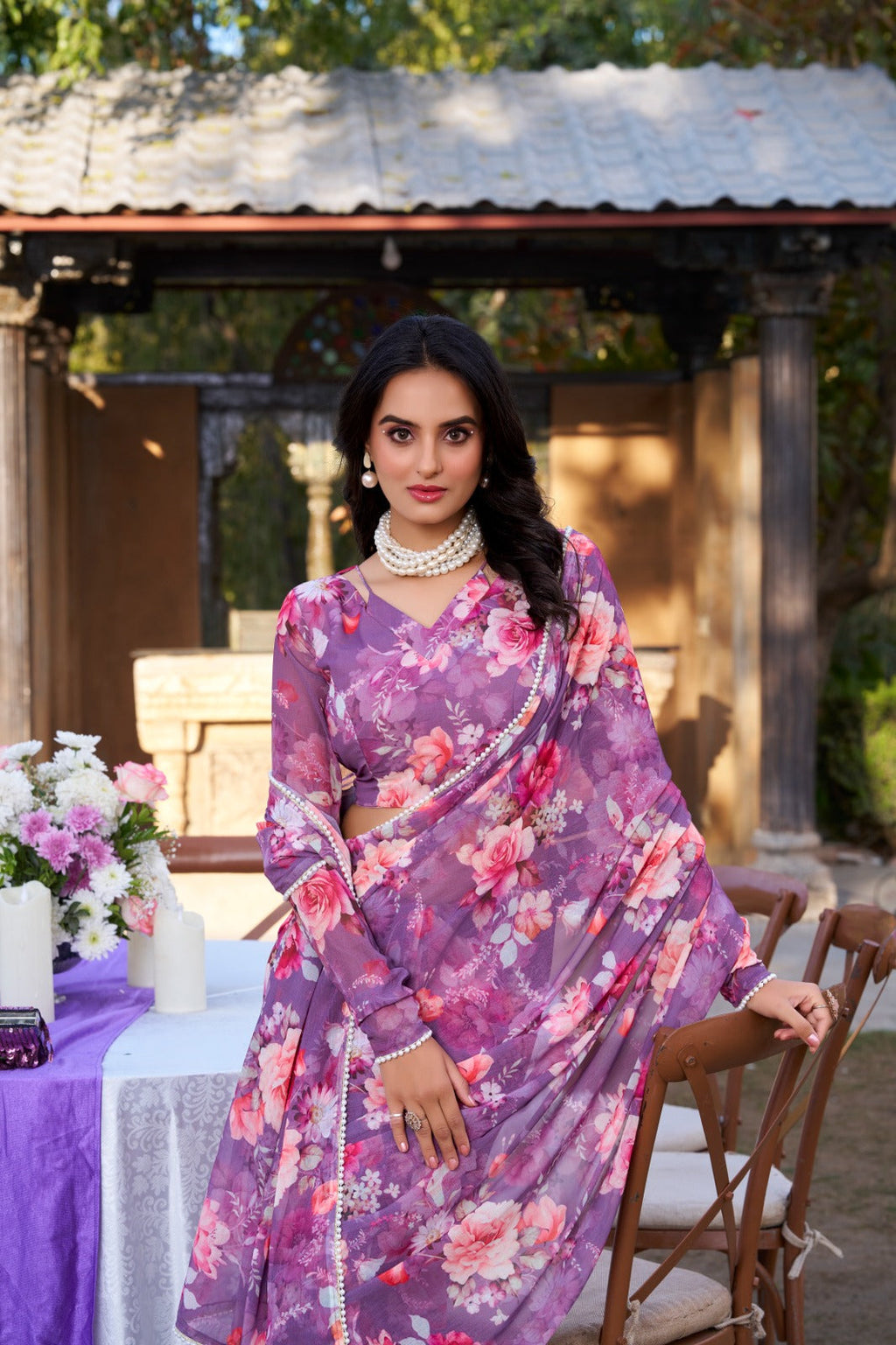 Radiant Georgette Floral Digital Printed Pearl Lace Worked Saree - ETHNICDEAL