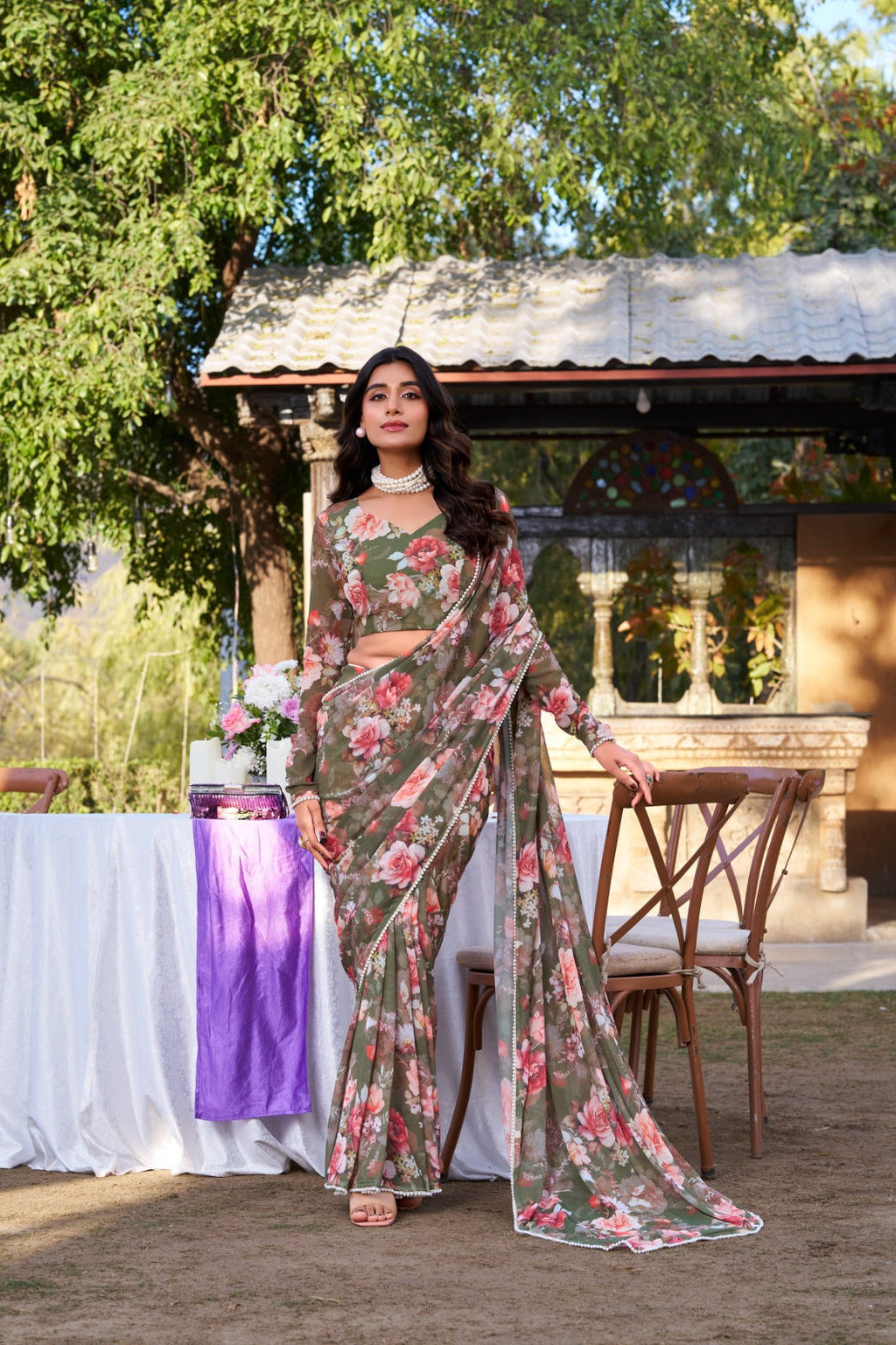 Radiant Georgette Floral Digital Printed Pearl Lace Worked Saree - ETHNICDEAL