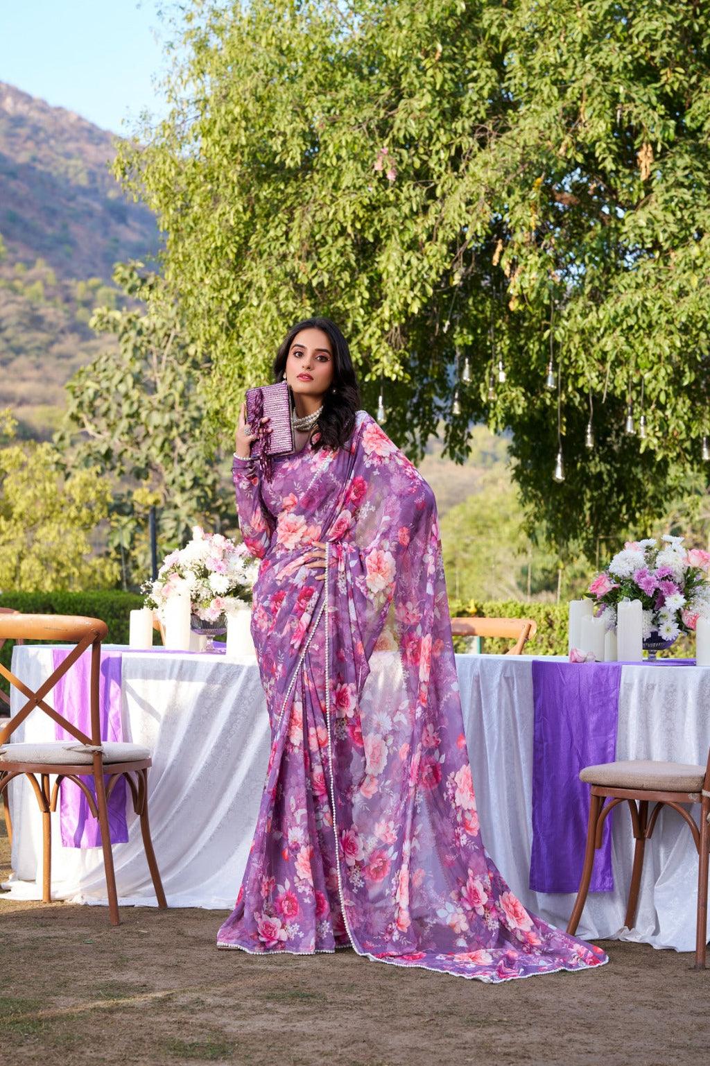 Radiant Georgette Floral Digital Printed Pearl Lace Worked Saree - ETHNICDEAL