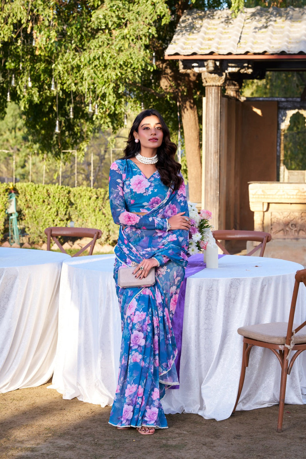 Radiant Georgette Floral Digital Printed Pearl Lace Worked Saree - ETHNICDEAL