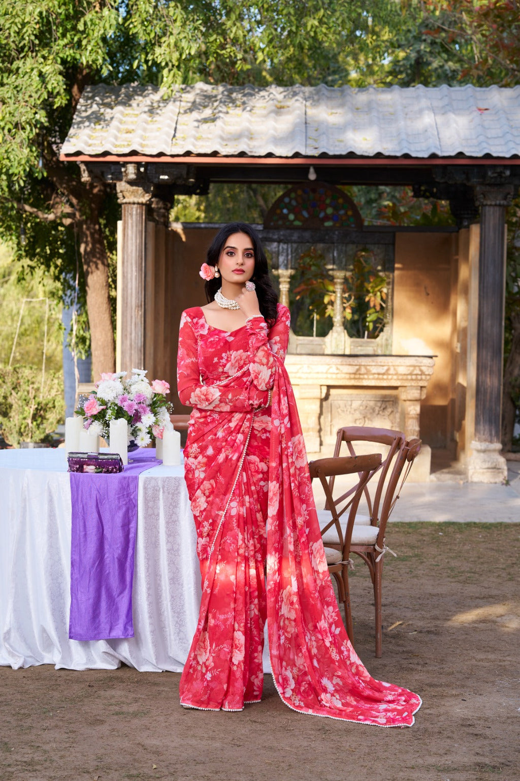 Radiant Georgette Floral Digital Printed Pearl Lace Worked Saree - ETHNICDEAL