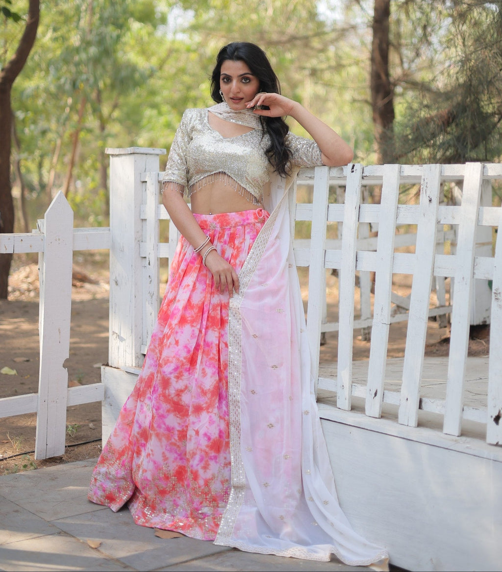 Spectacular Faux Georgette Floral Printed Sequins Embroidered Lehenga Choli - Ethnicwish