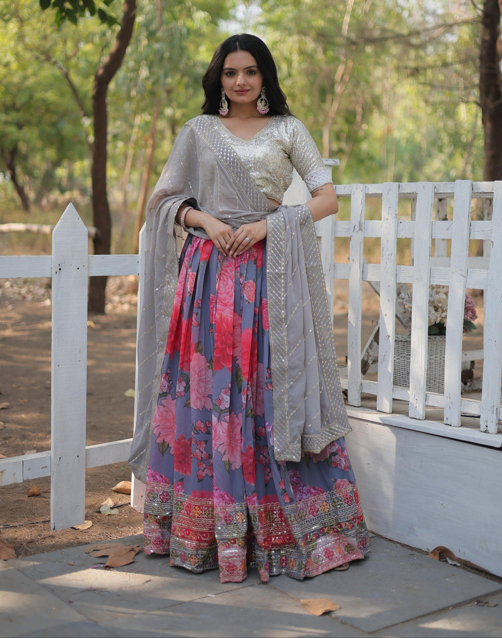 Elegant Faux Georgette Floral Printed Sequins Embroidered Lehenga Choli - Ethnicwish