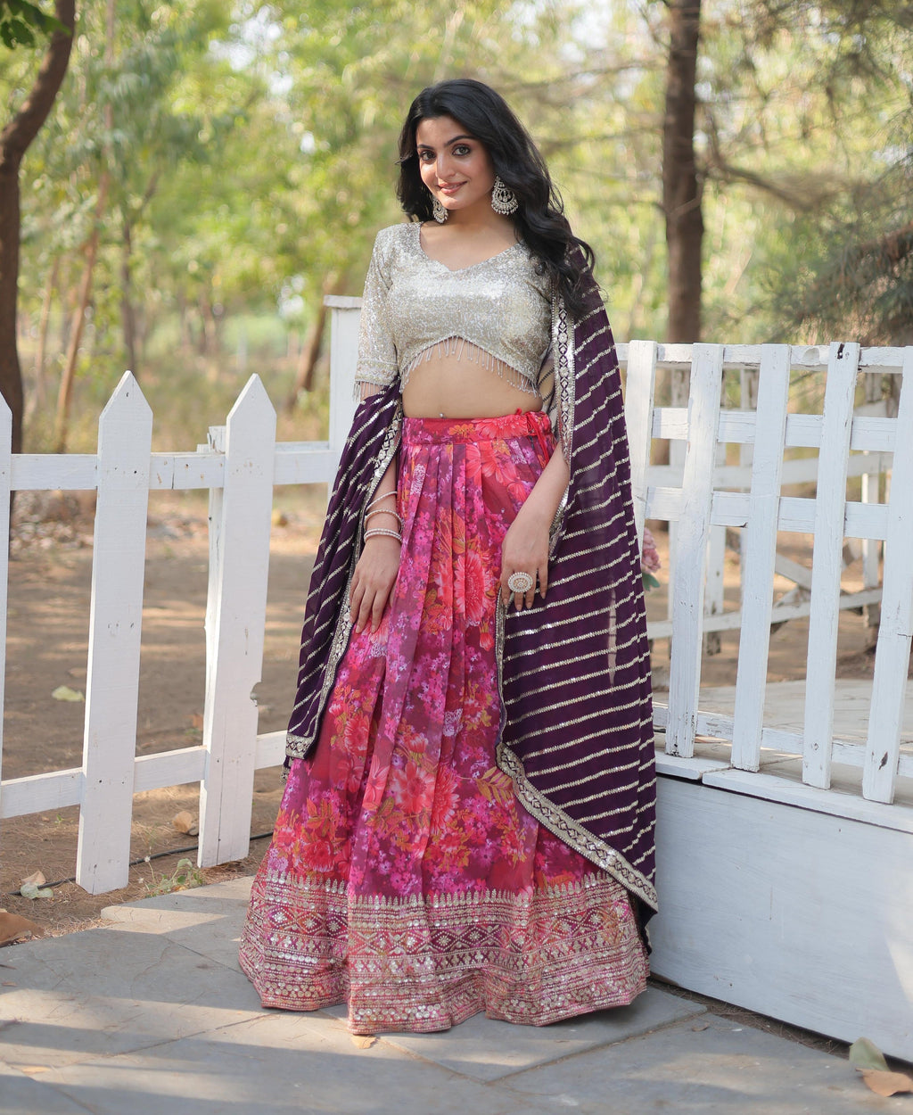 Enchanting Pink Georgette Floral Printed Sequins Embroidered Lehenga Set - Ethnicwish