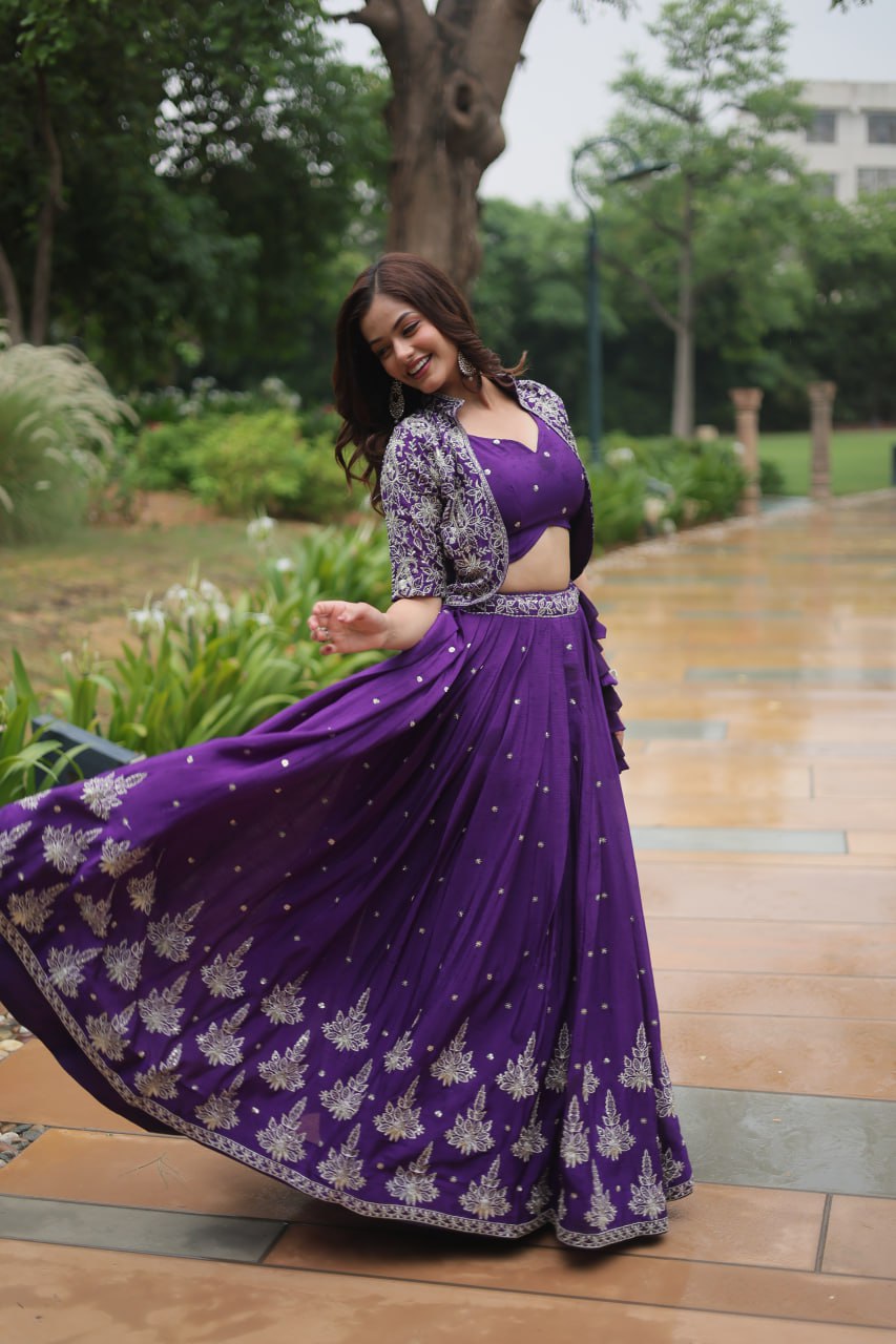 Ravishing Purple Pure Chinon Sequins Embroidered Top Koti Lehenga Set - Ethnicwish