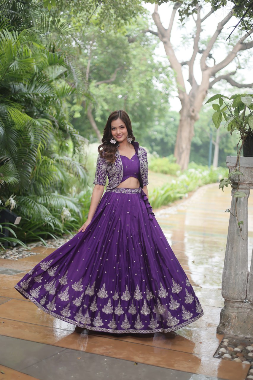 Ravishing Purple Pure Chinon Sequins Embroidered Top Koti Lehenga Set - Ethnicwish