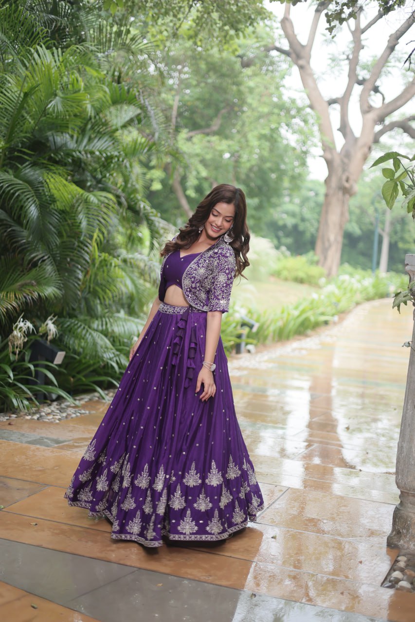 Ravishing Purple Pure Chinon Sequins Embroidered Top Koti Lehenga Set - Ethnicwish