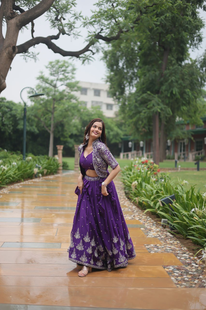Ravishing Purple Pure Chinon Sequins Embroidered Top Koti Lehenga Set - Ethnicwish