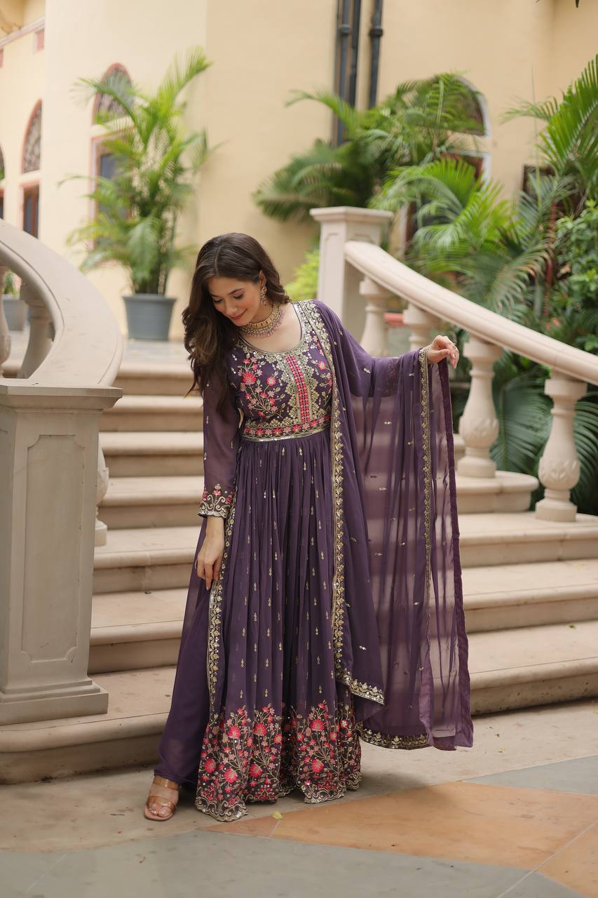 Breathtaking Faux Georgette Rich Sequins Embroidered Top Sharara Suit - Ethnicwish