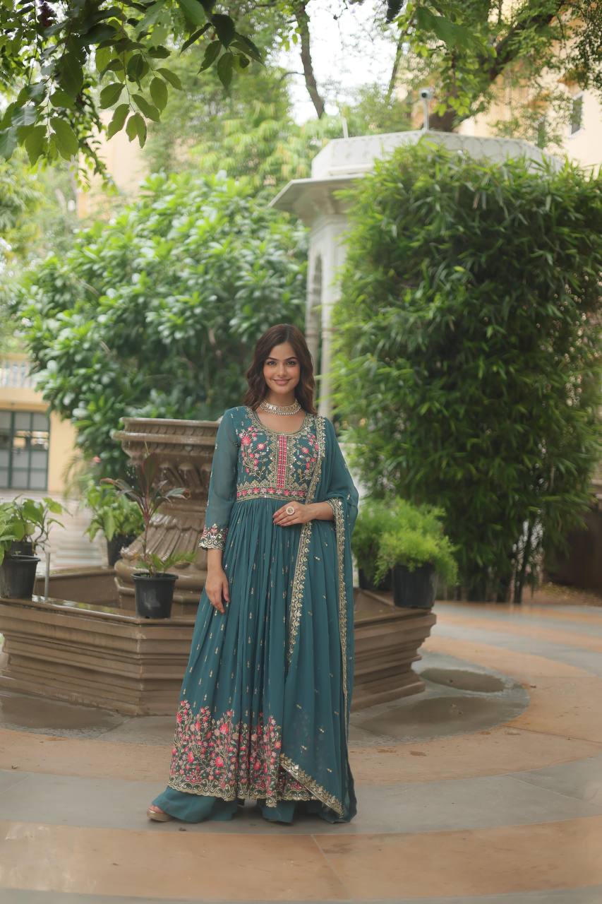 Breathtaking Faux Georgette Rich Sequins Embroidered Top Sharara Suit - Ethnicwish