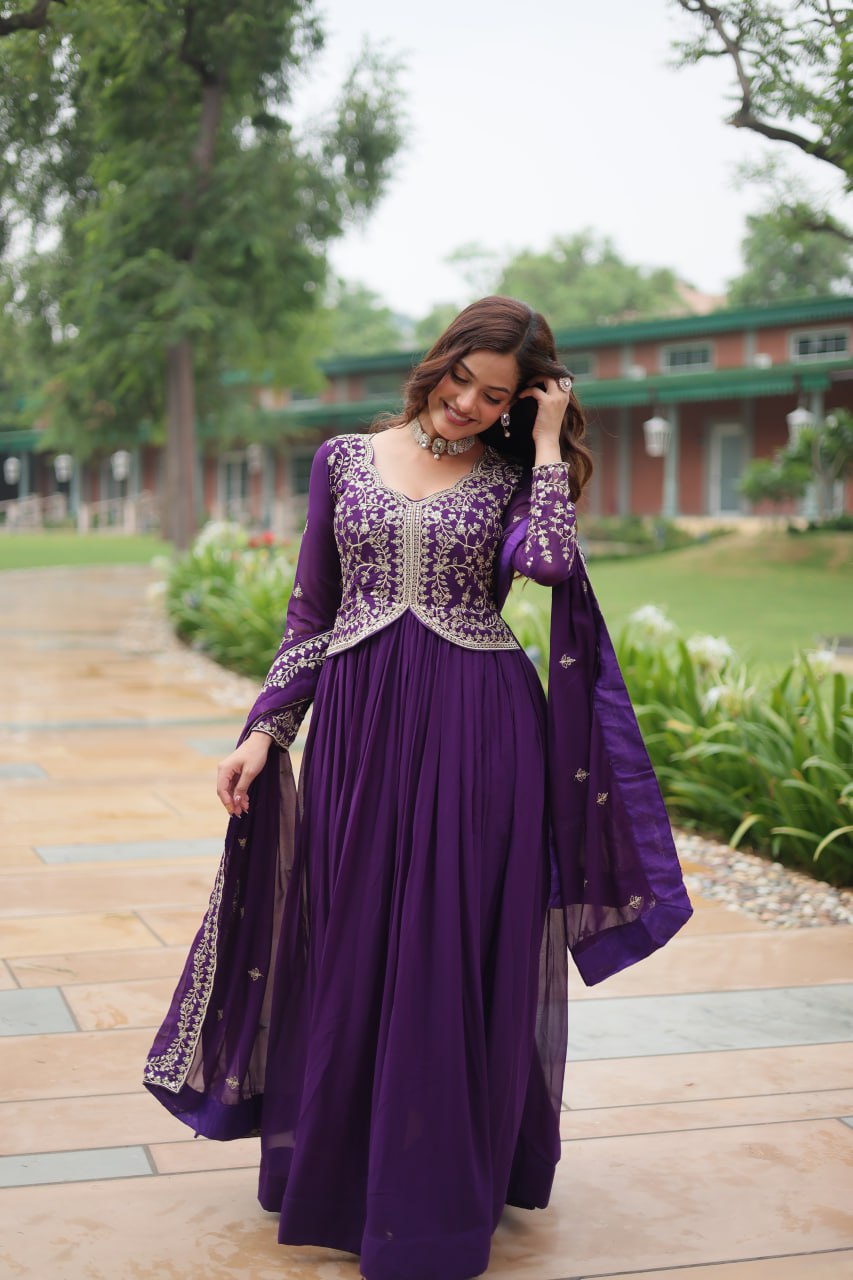 Radiant Faux Georgette Intricate Sequins Embroidered Gown With Dupatta - Ethnicwish