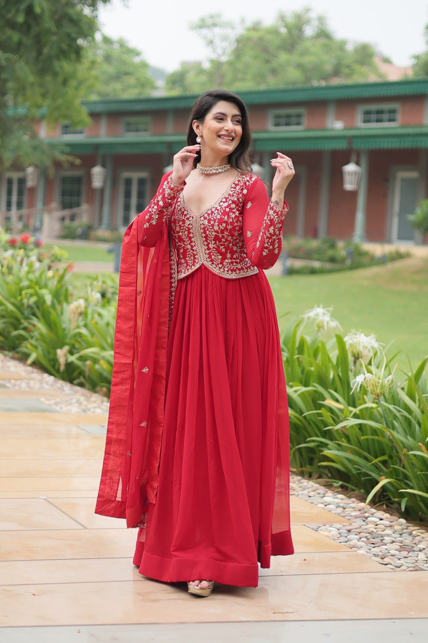 Radiant Faux Georgette Intricate Sequins Embroidered Gown With Dupatta - Ethnicwish