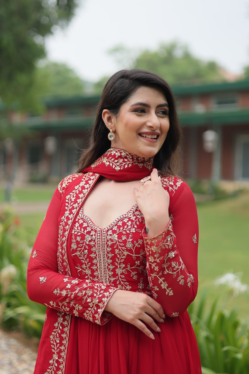 Radiant Faux Georgette Intricate Sequins Embroidered Gown With Dupatta - Ethnicwish