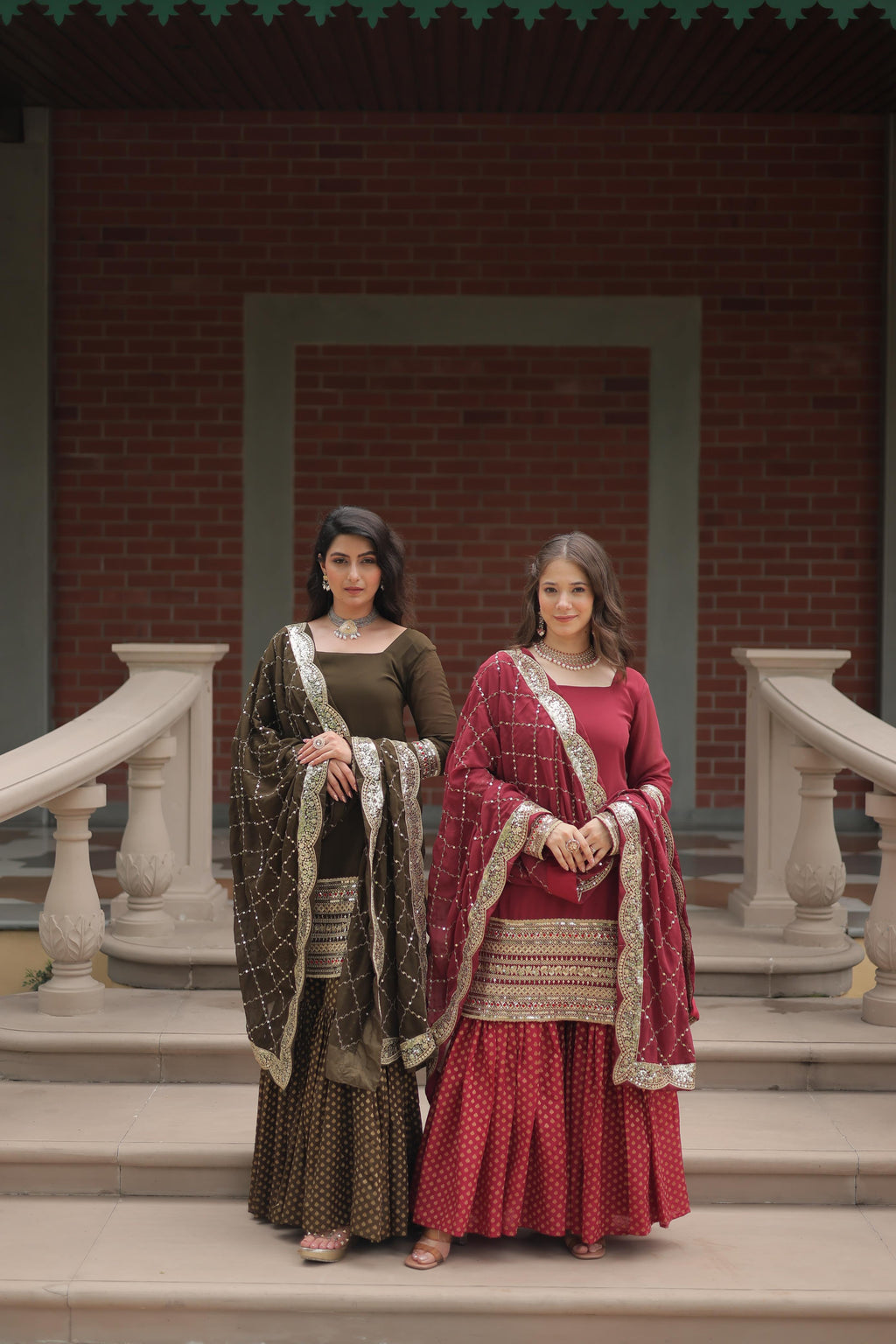 Dashing Faux Georgette Sequins Thread Worked Top Sharara Suit - Ethnicwish