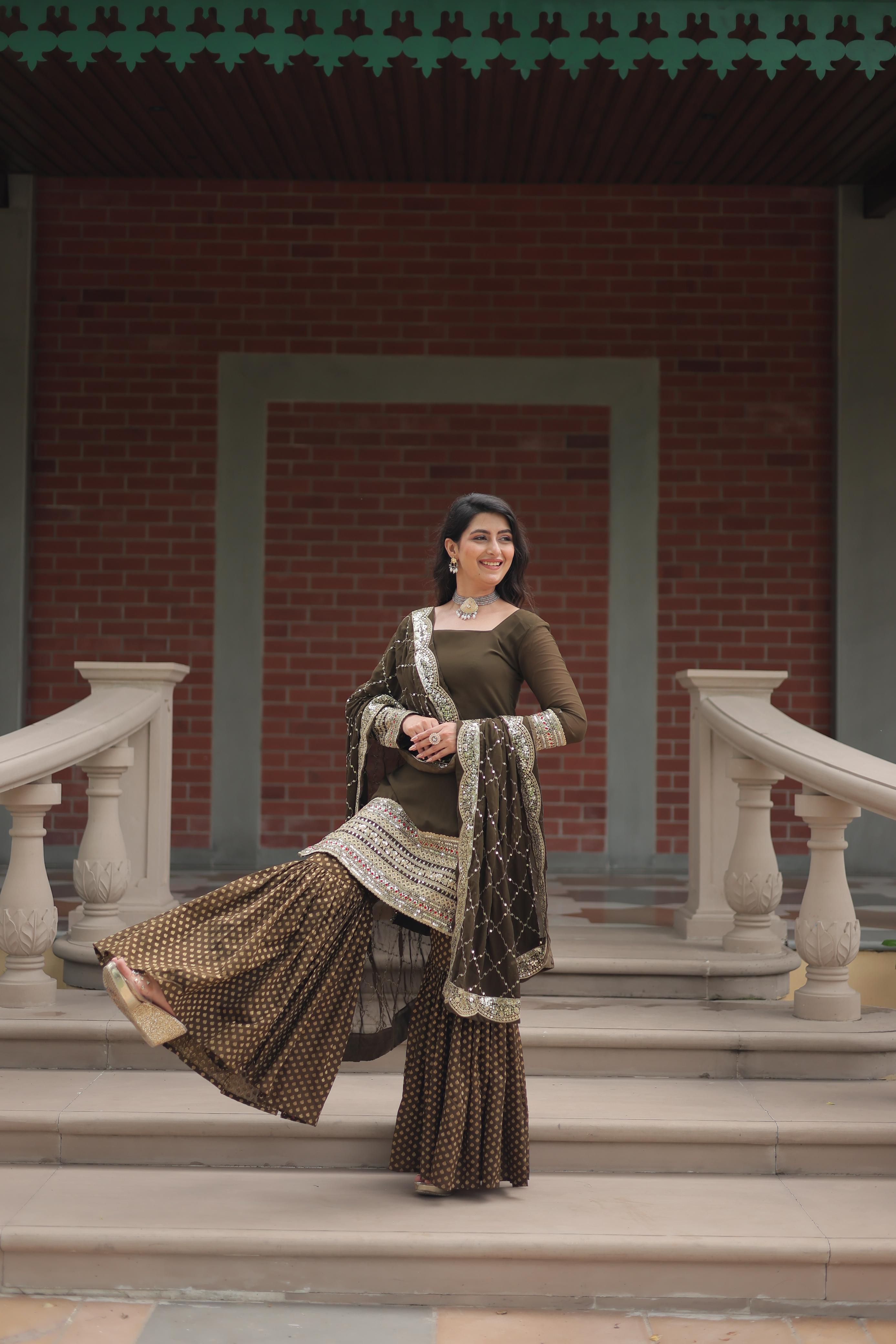 Dashing Faux Georgette Sequins Thread Worked Top Sharara Suit - Ethnicwish