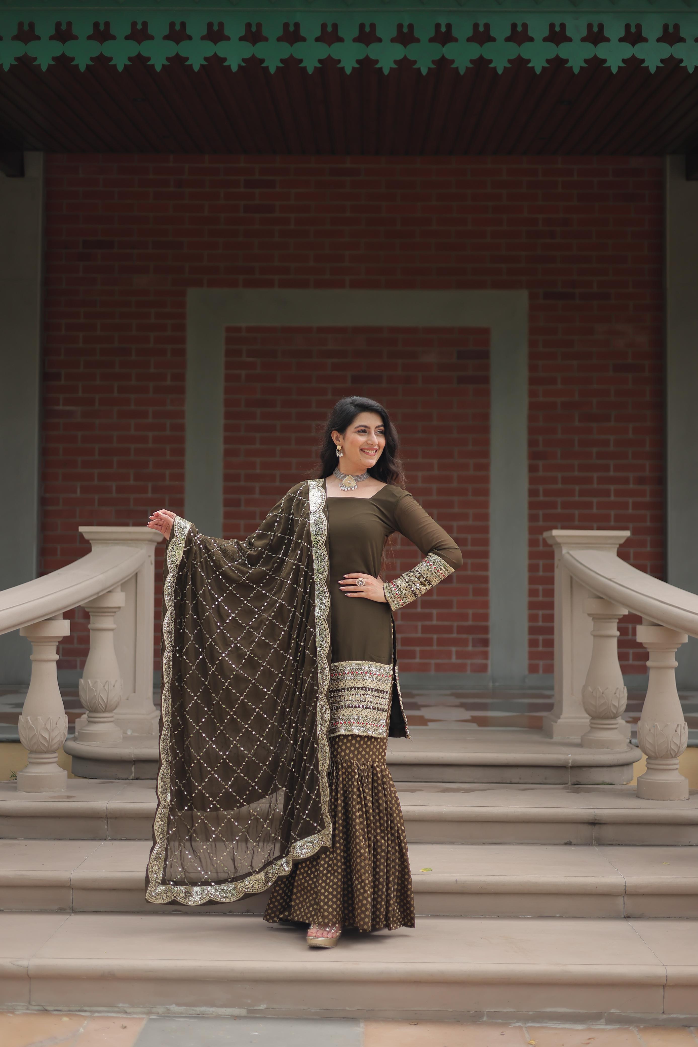 Dashing Faux Georgette Sequins Thread Worked Top Sharara Suit - Ethnicwish