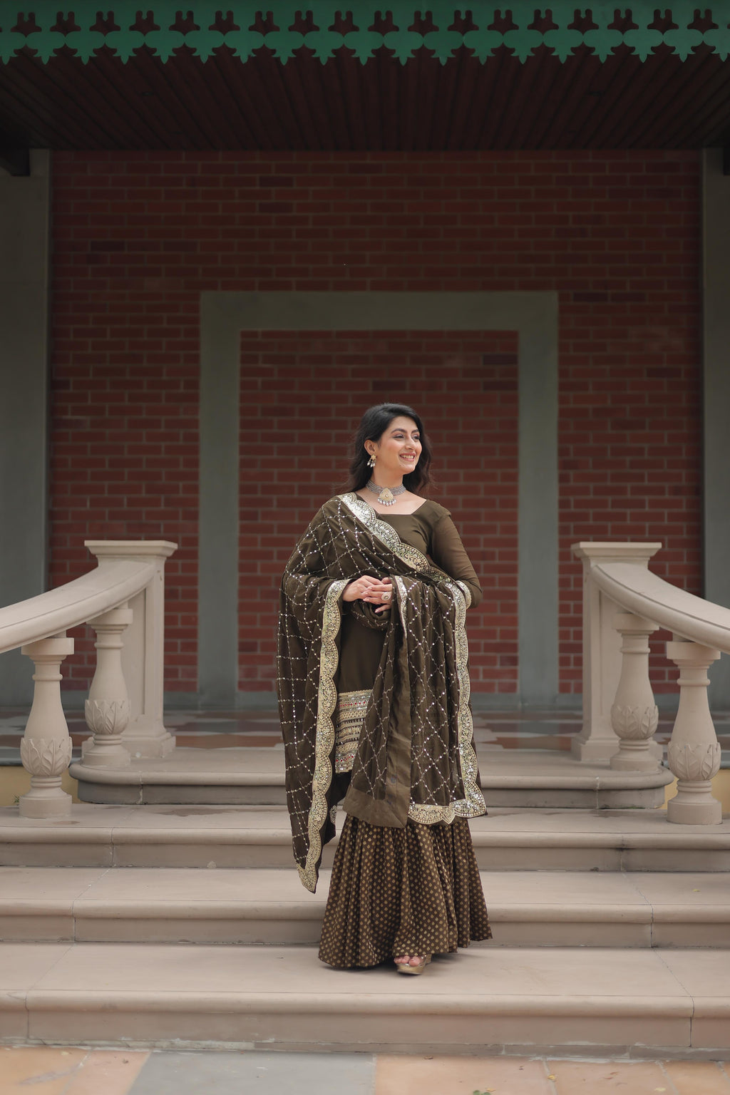 Dashing Faux Georgette Sequins Thread Worked Top Sharara Suit - Ethnicwish