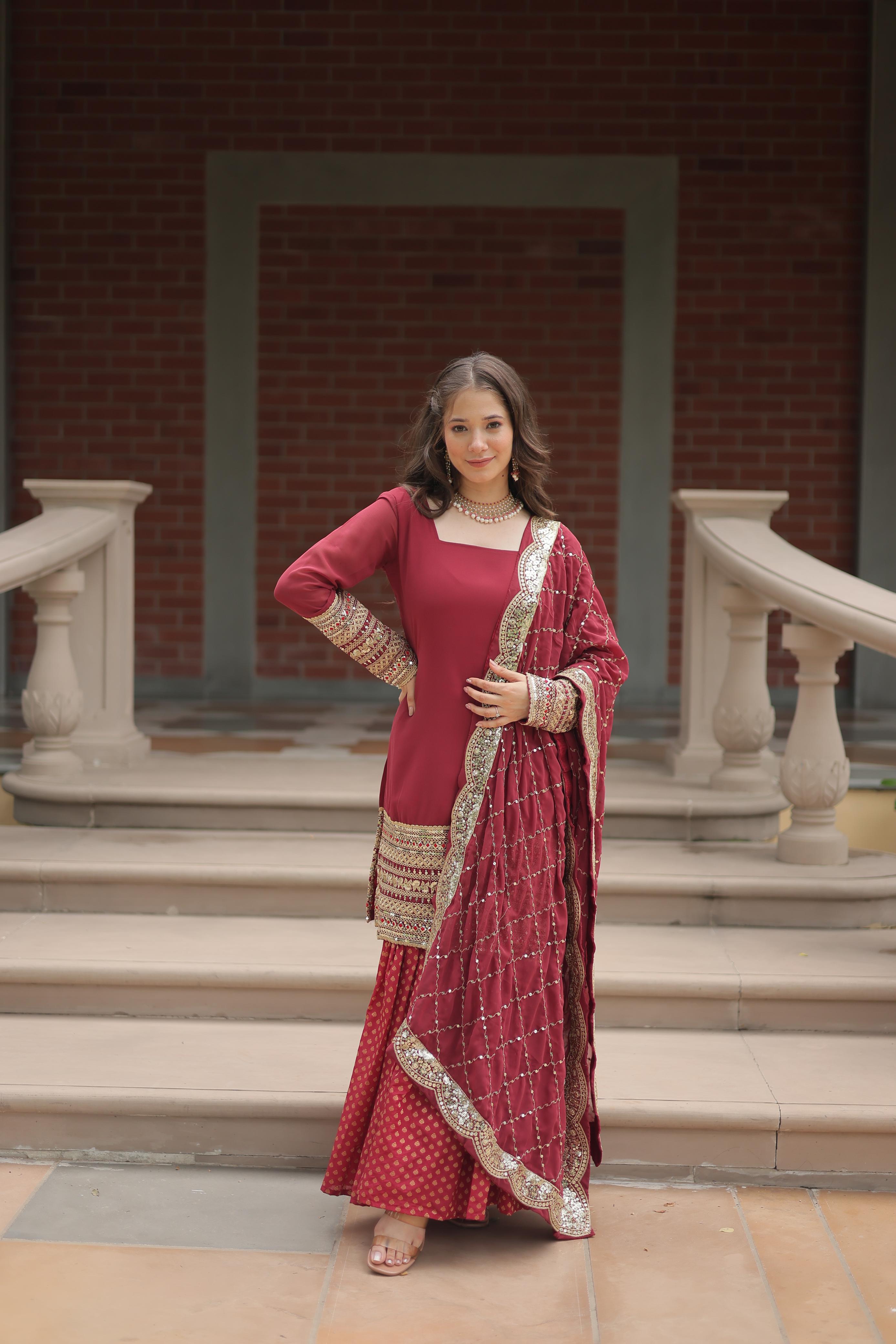 Dashing Faux Georgette Sequins Thread Worked Top Sharara Suit - Ethnicwish