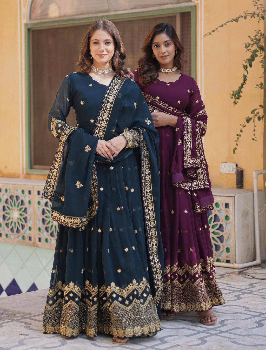 Breathtaking Faux Georgette Zari Sequins Embroidered Gown With Dupatta - Ethnicwish