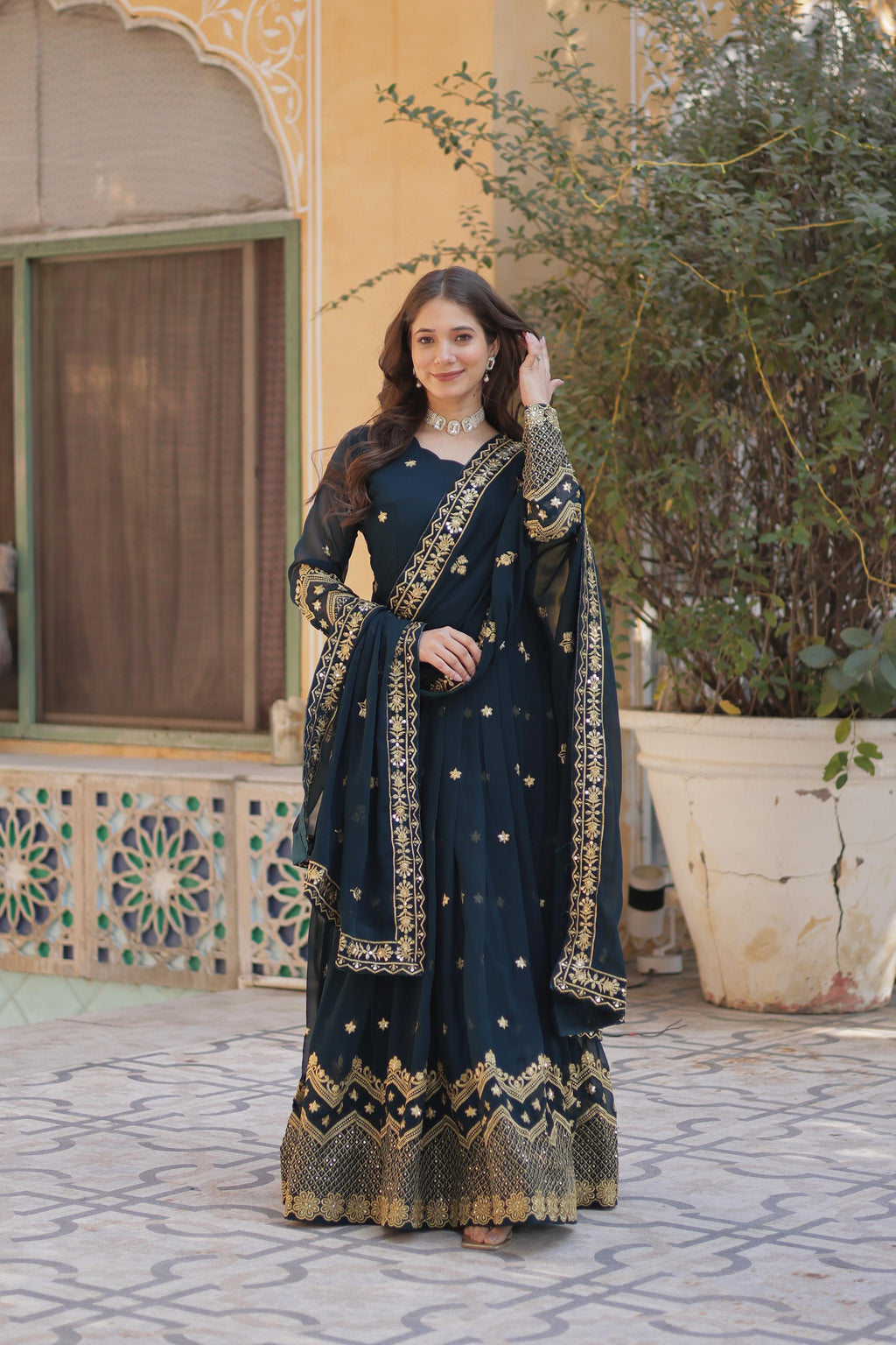 Breathtaking Faux Georgette Zari Sequins Embroidered Gown With Dupatta - Ethnicwish