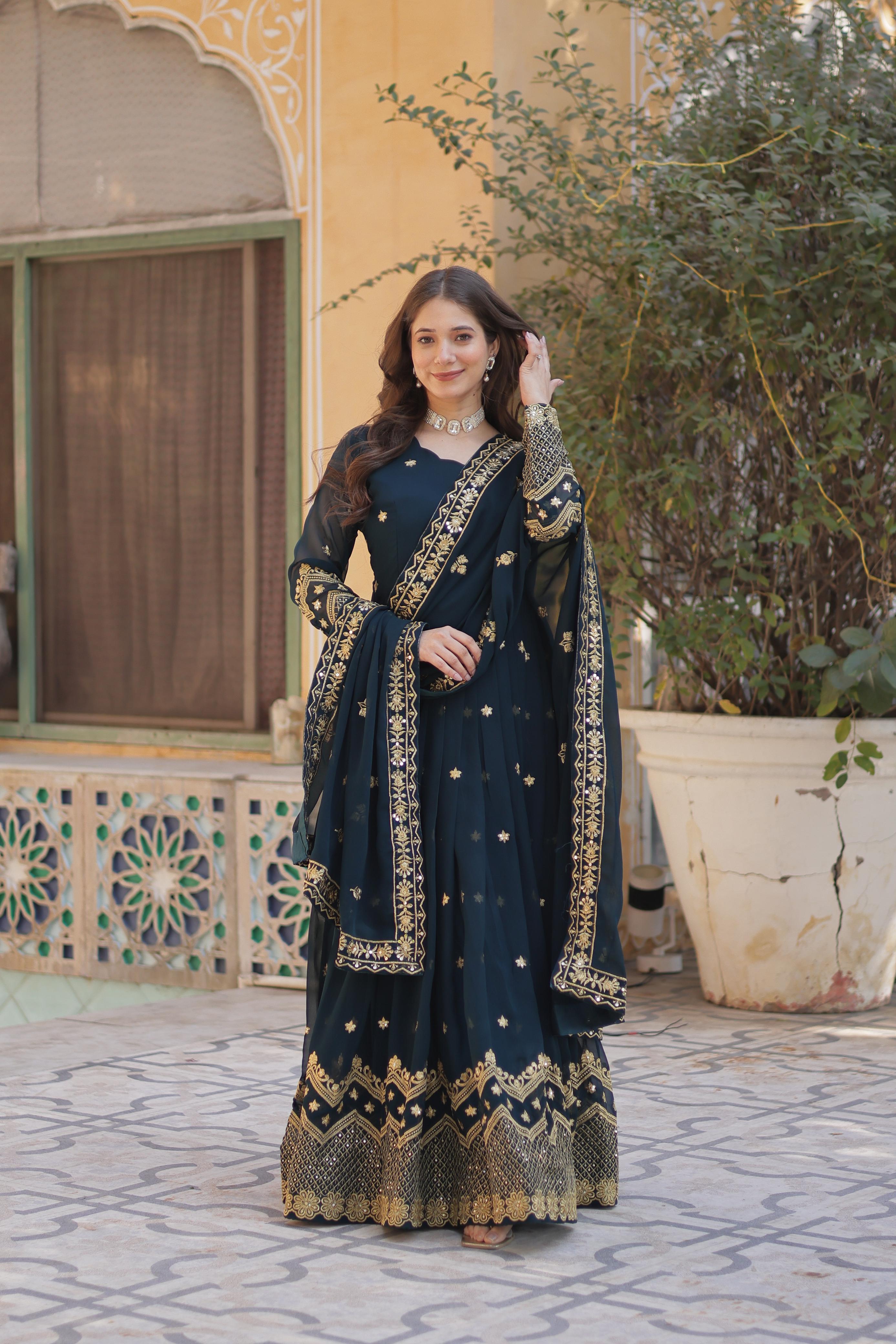 Breathtaking Faux Georgette Zari Sequins Embroidered Gown With Dupatta - Ethnicwish