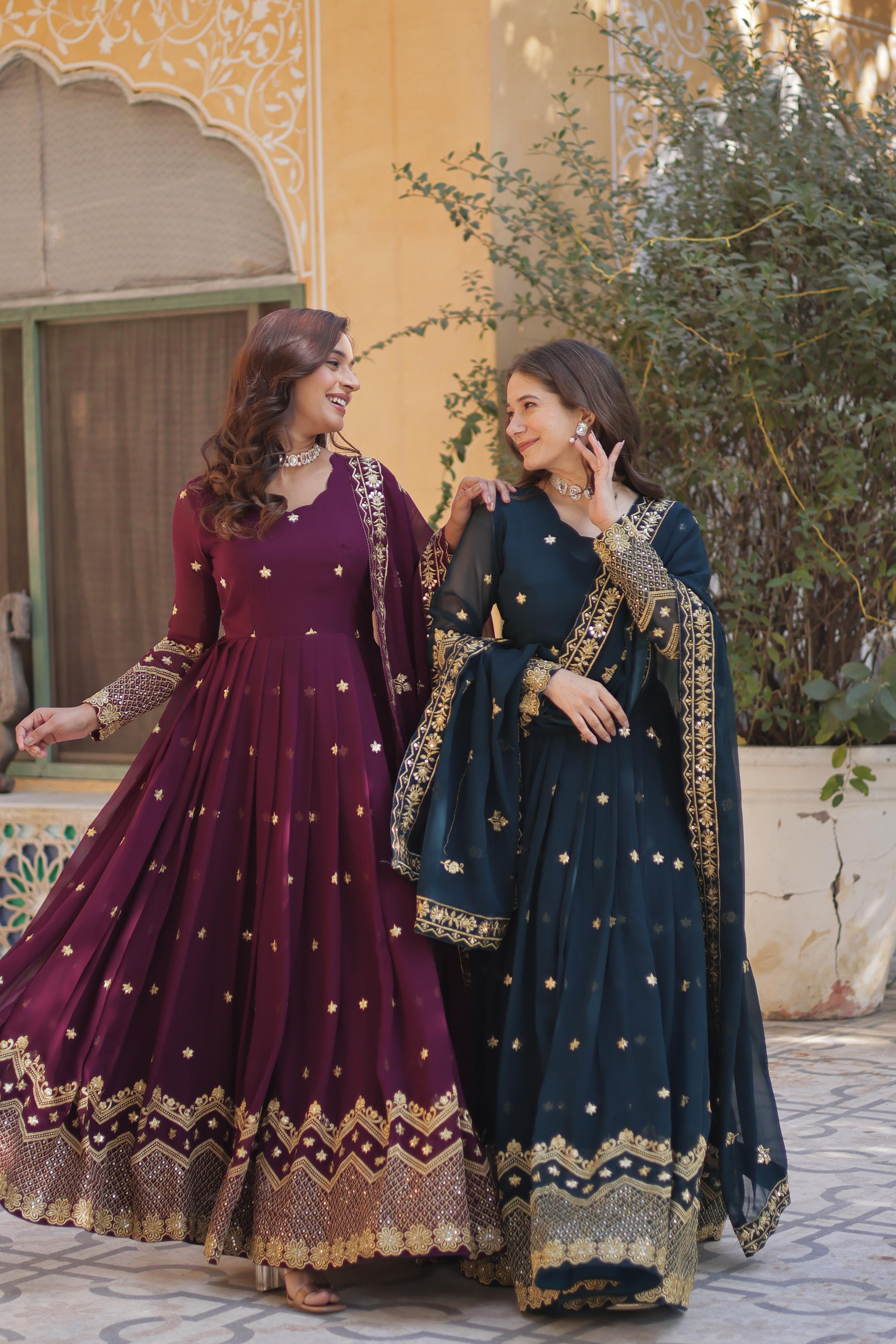 Breathtaking Faux Georgette Zari Sequins Embroidered Gown With Dupatta - Ethnicwish