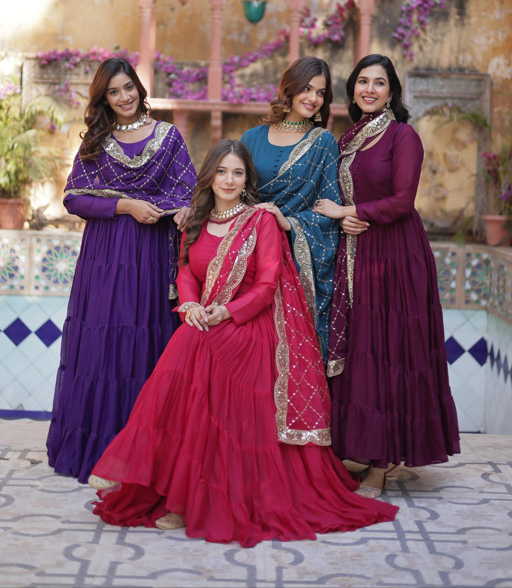 Sttuning 15 Mtr Flared Georgette Stitched Designer Ruffle Gown - Ethnicwish