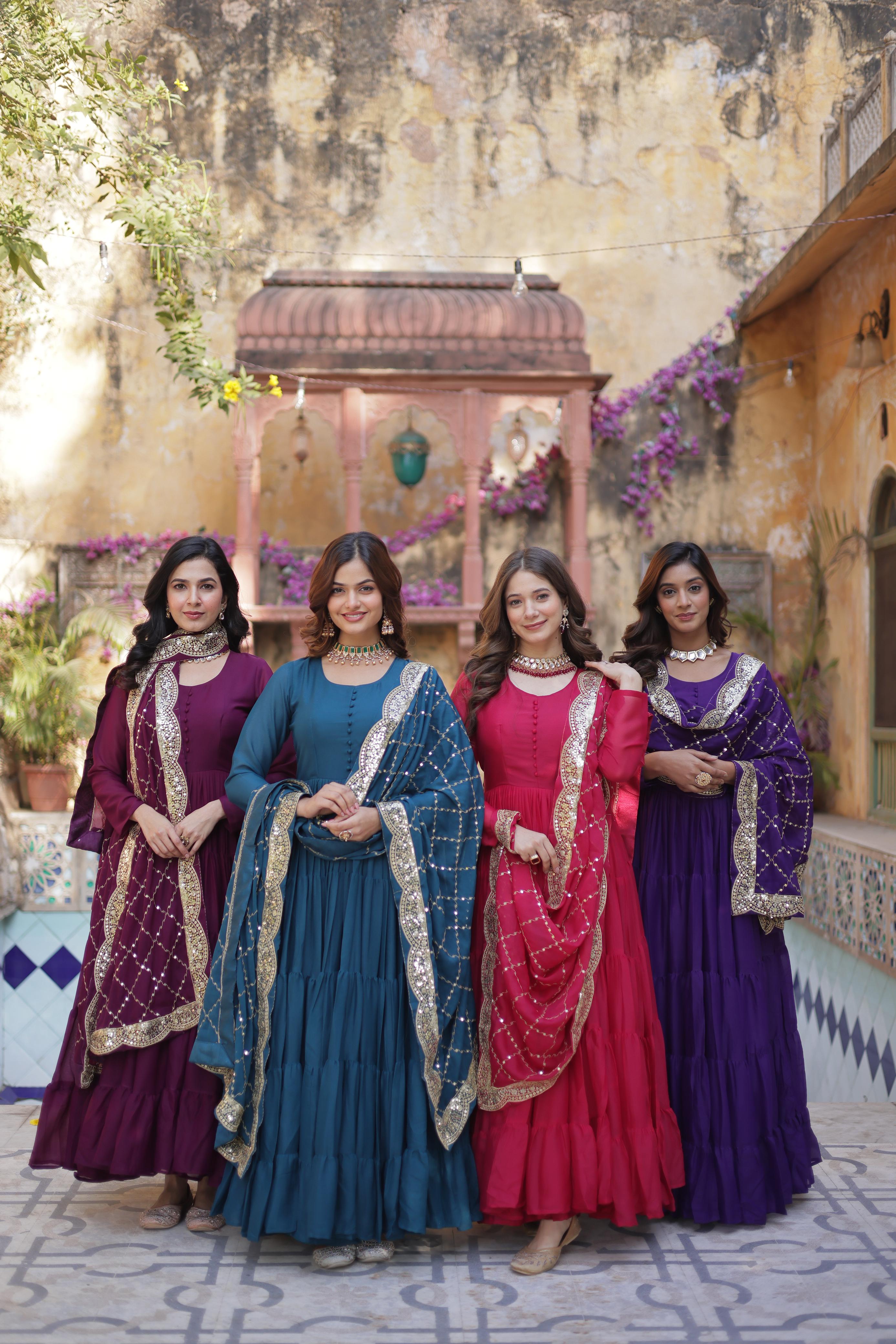 Sttuning 15 Mtr Flared Georgette Stitched Designer Ruffle Gown - Ethnicwish