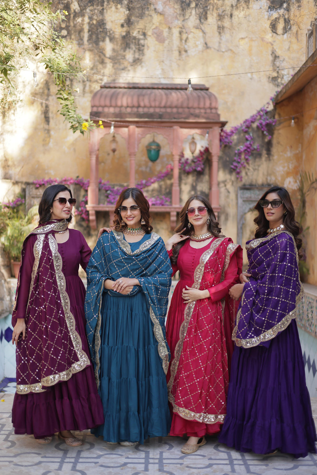 Sttuning 15 Mtr Flared Georgette Stitched Designer Ruffle Gown - Ethnicwish