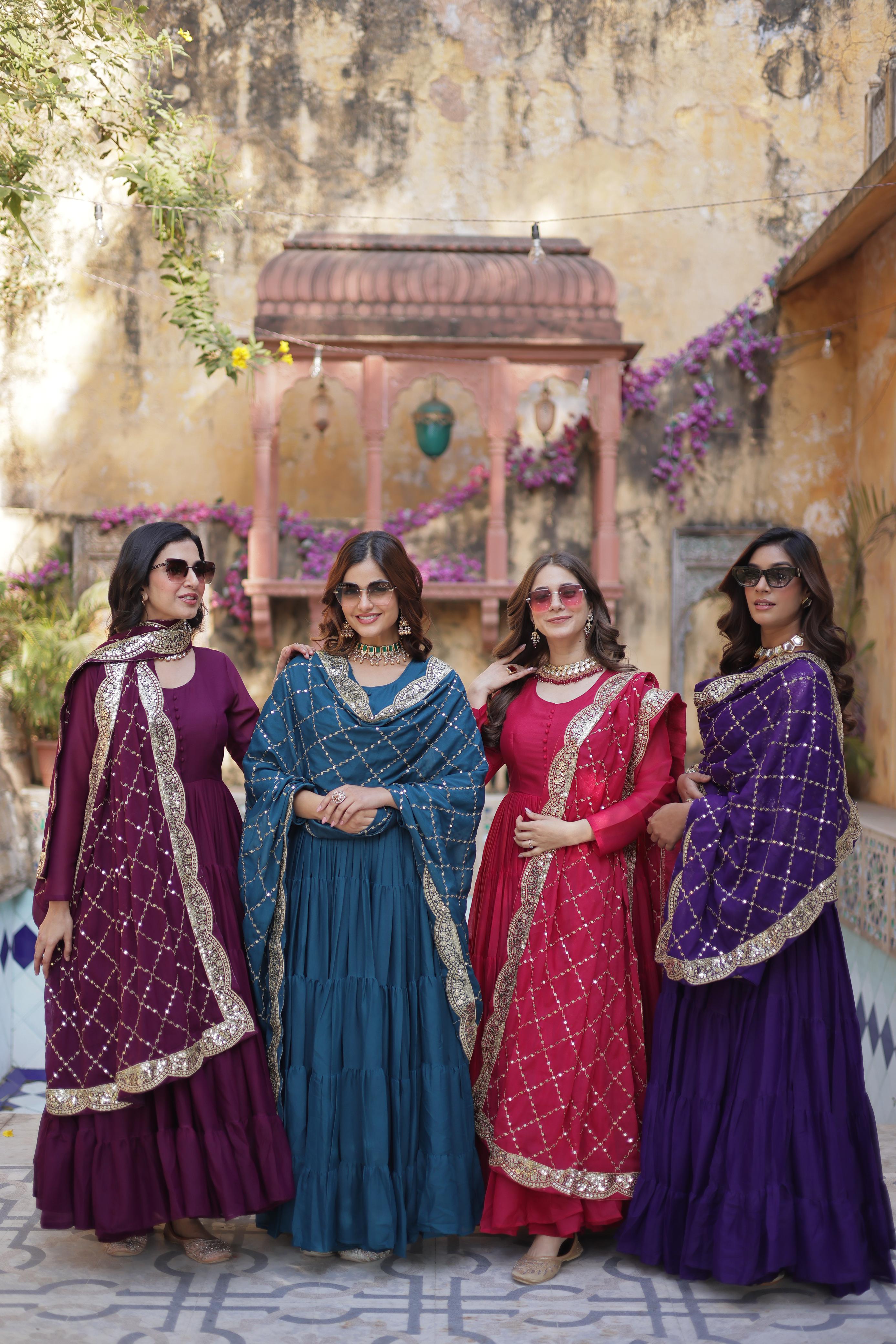 Sttuning 15 Mtr Flared Georgette Stitched Designer Ruffle Gown - Ethnicwish