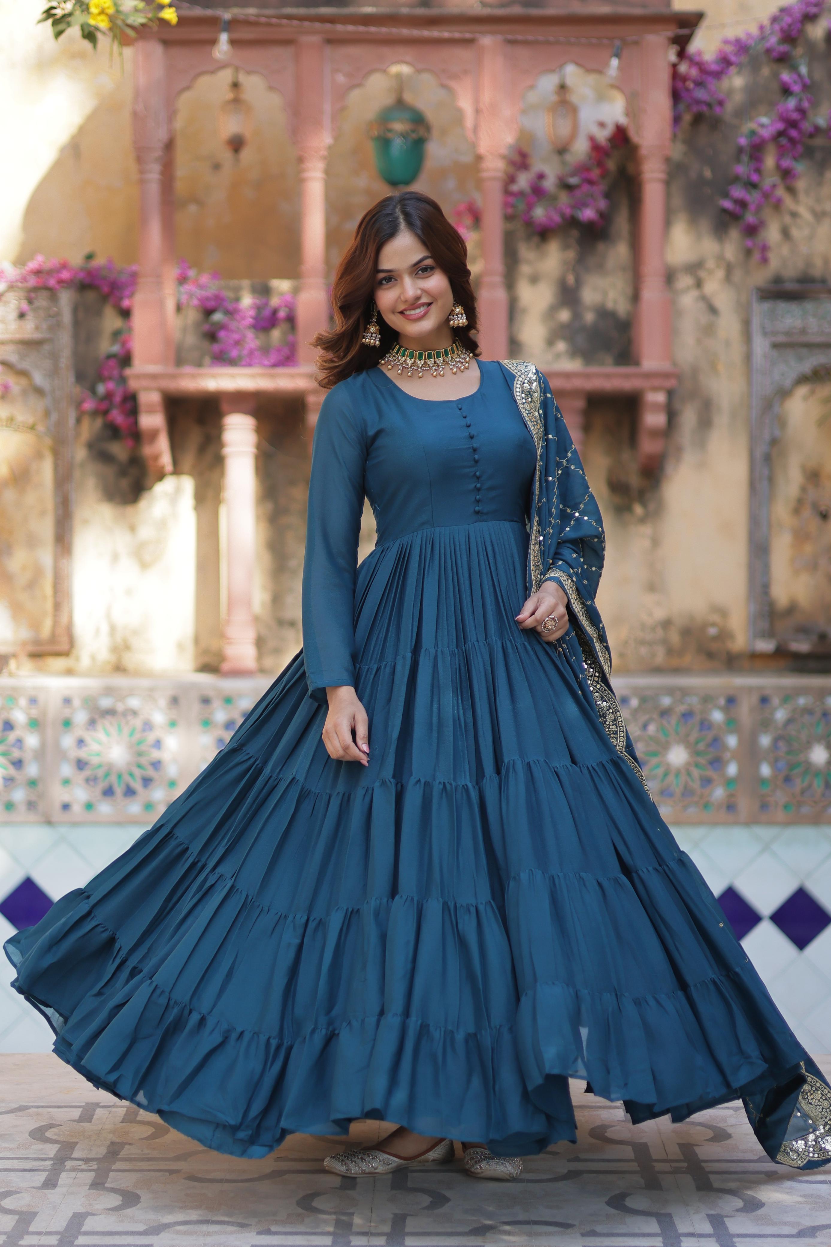 Sttuning 15 Mtr Flared Georgette Stitched Designer Ruffle Gown - Ethnicwish