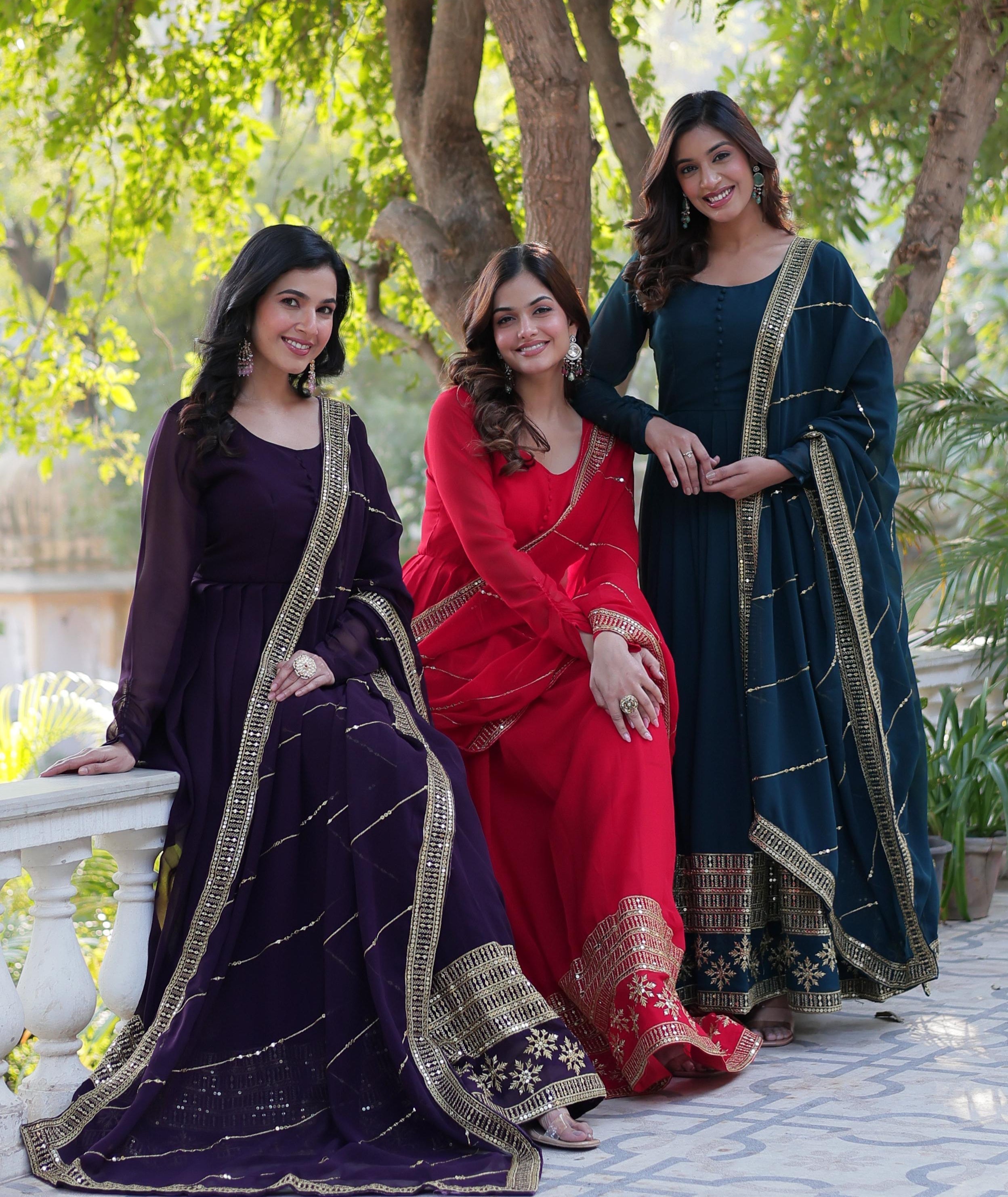 Spellbinding Faux Georgette Multi Sequins Thread Worked Gown - Ethnicwish