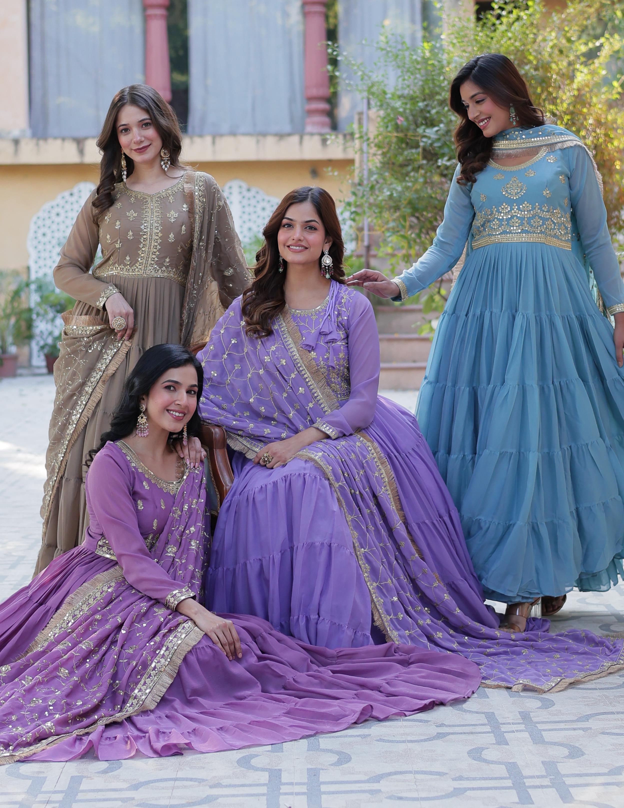 Spellbinding Georgette Ruffle Sequins Embroidered Gown With Dupatta - Ethnicwish