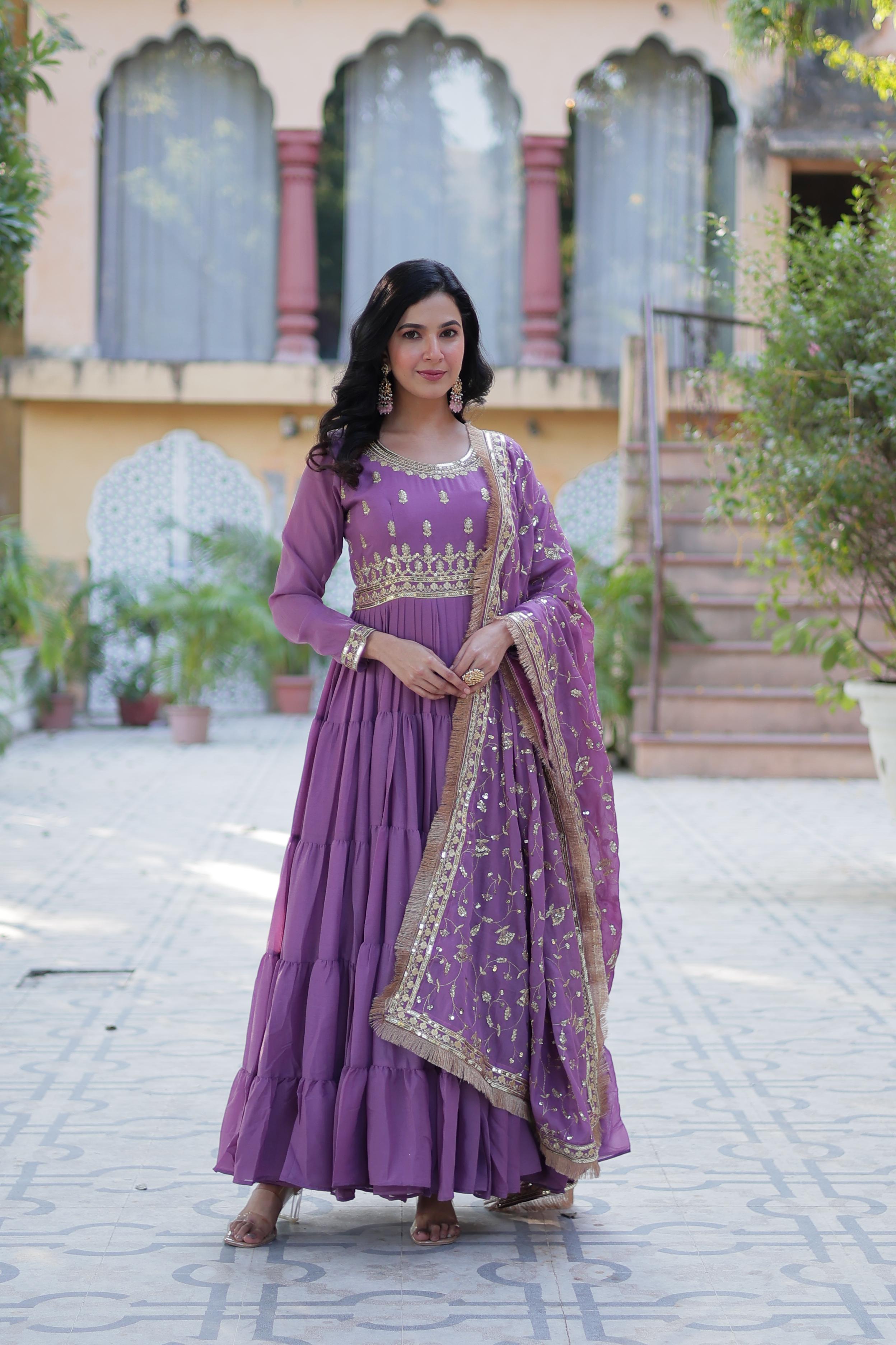 Spellbinding Georgette Ruffle Sequins Embroidered Gown With Dupatta - Ethnicwish