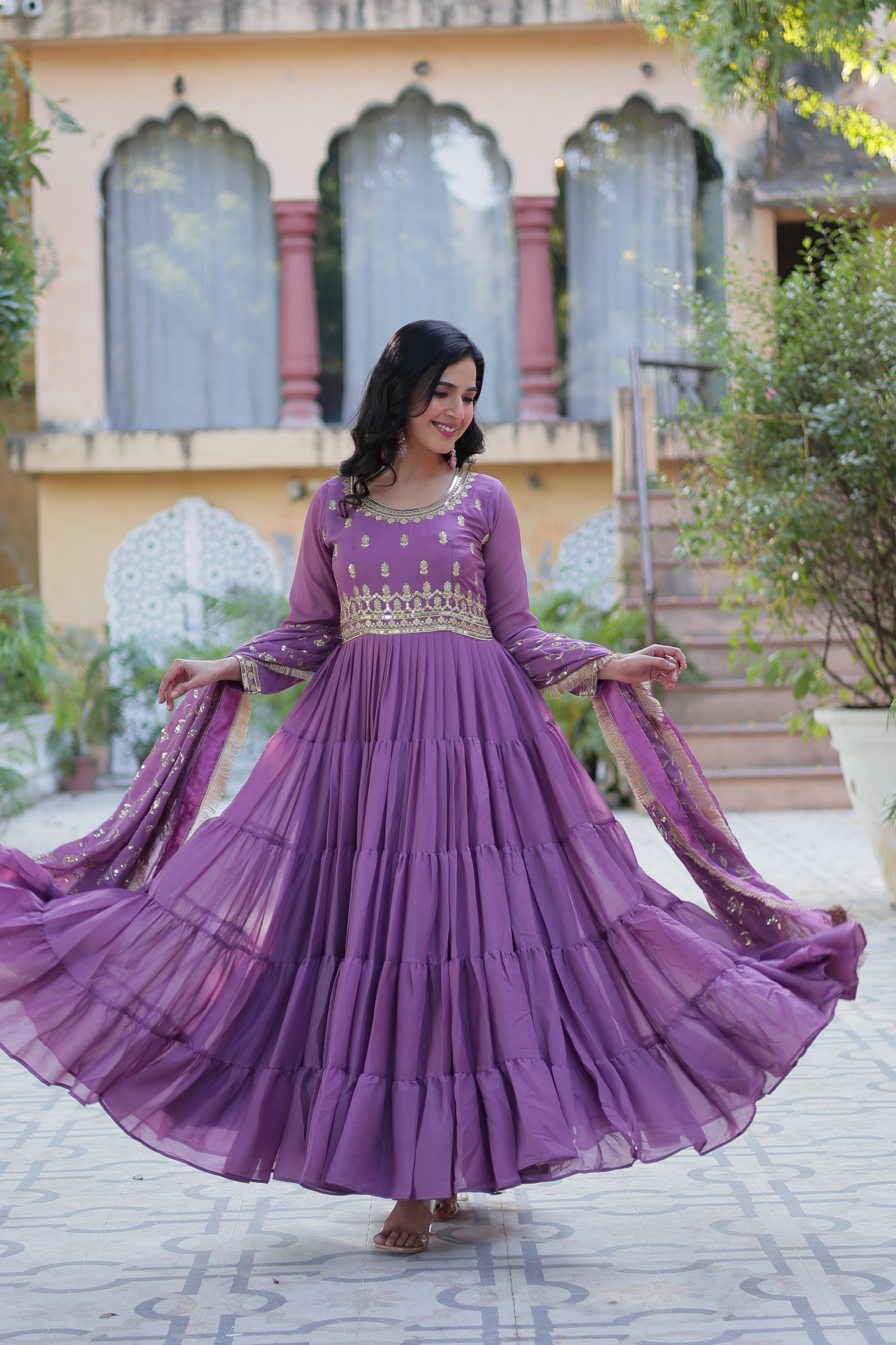 Spellbinding Georgette Ruffle Sequins Embroidered Gown With Dupatta - Ethnicwish