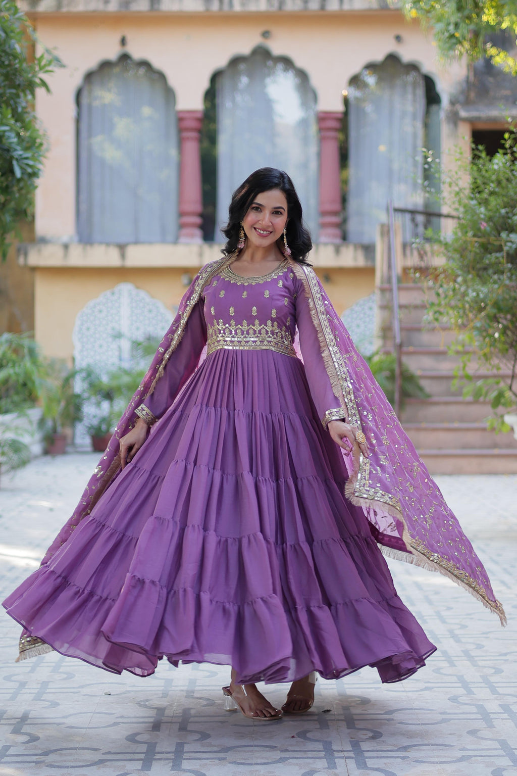 Spellbinding Georgette Ruffle Sequins Embroidered Gown With Dupatta - Ethnicwish