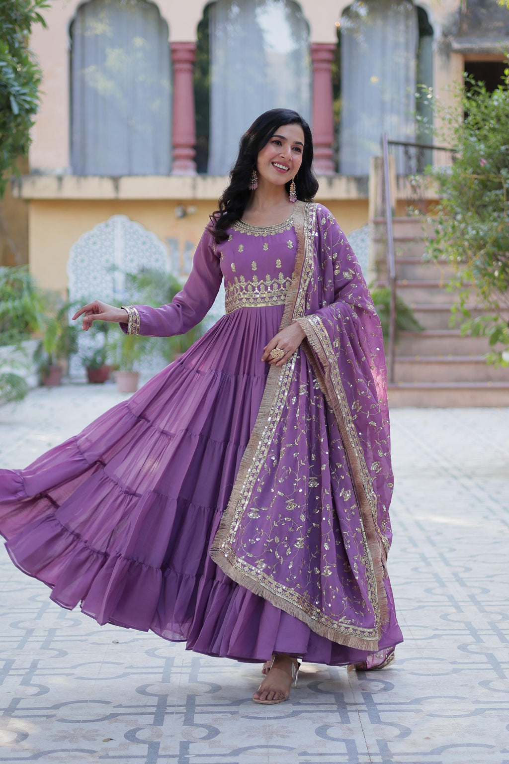 Spellbinding Georgette Ruffle Sequins Embroidered Gown With Dupatta - Ethnicwish