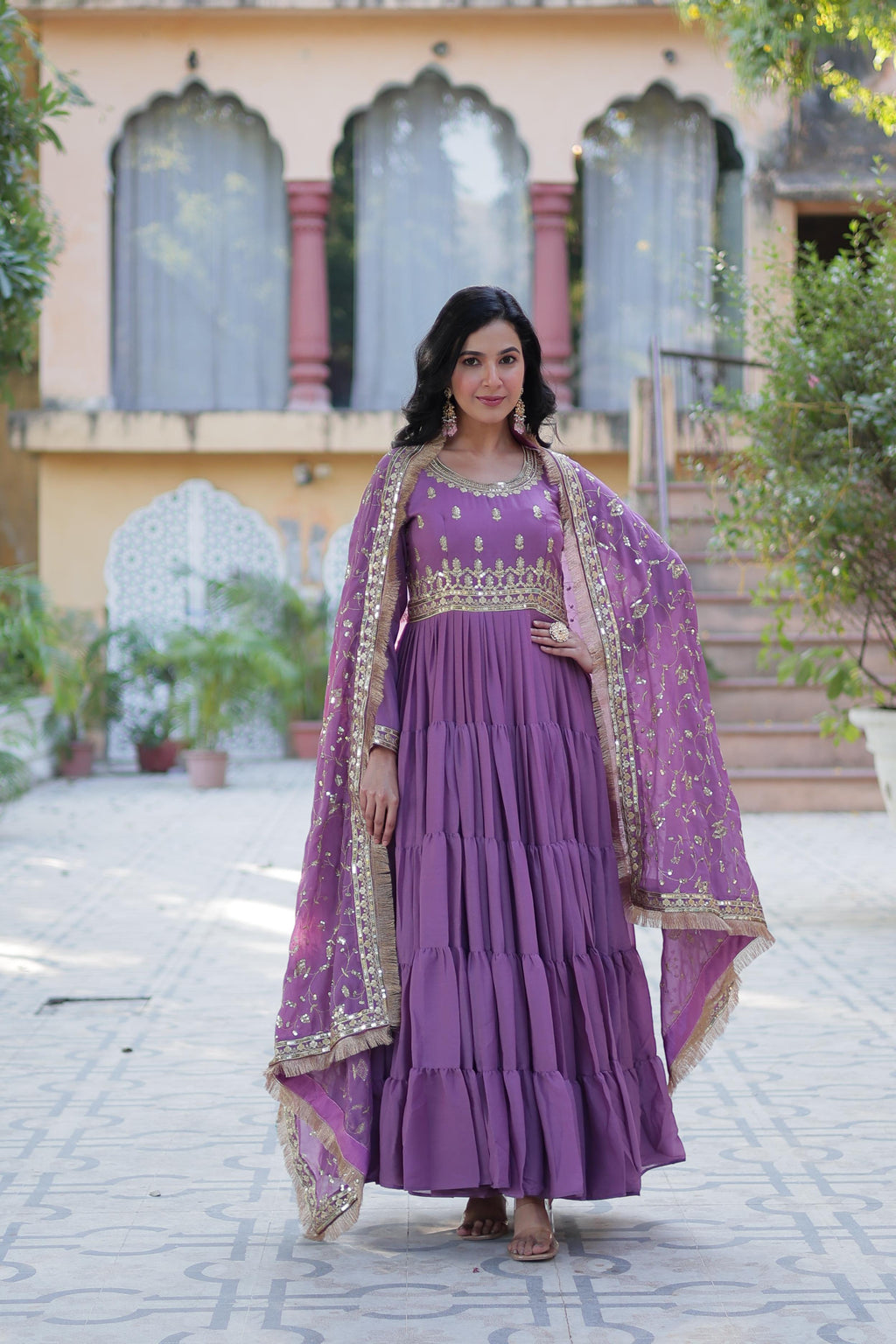 Spellbinding Georgette Ruffle Sequins Embroidered Gown With Dupatta - Ethnicwish