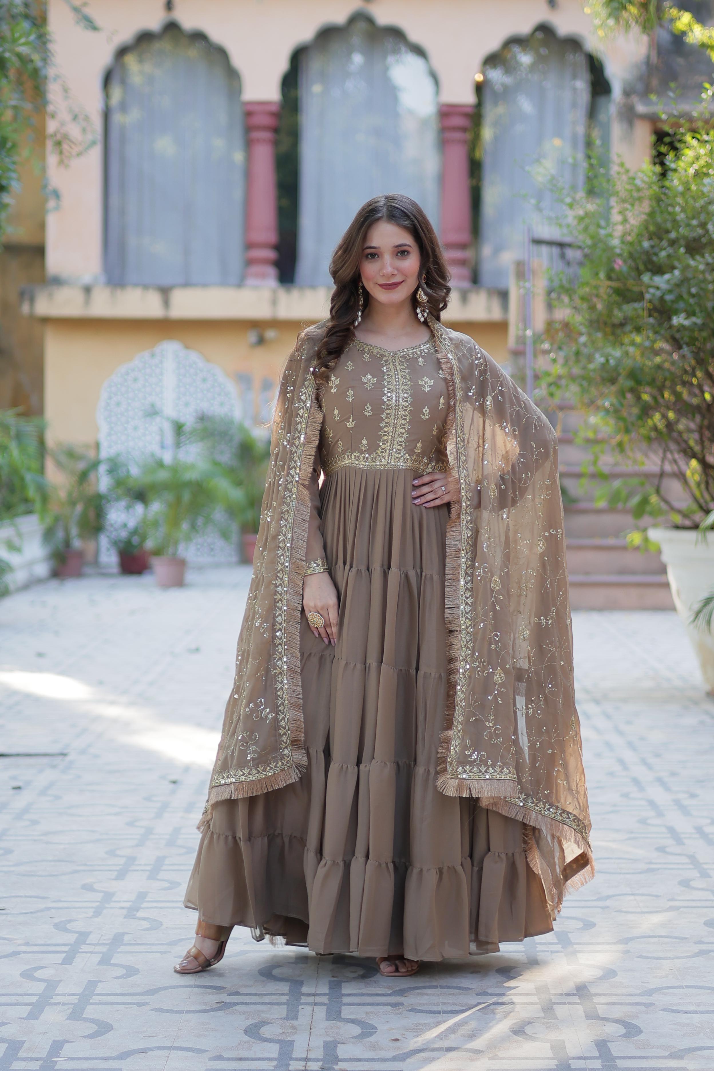 Spellbinding Georgette Ruffle Sequins Embroidered Gown With Dupatta - Ethnicwish