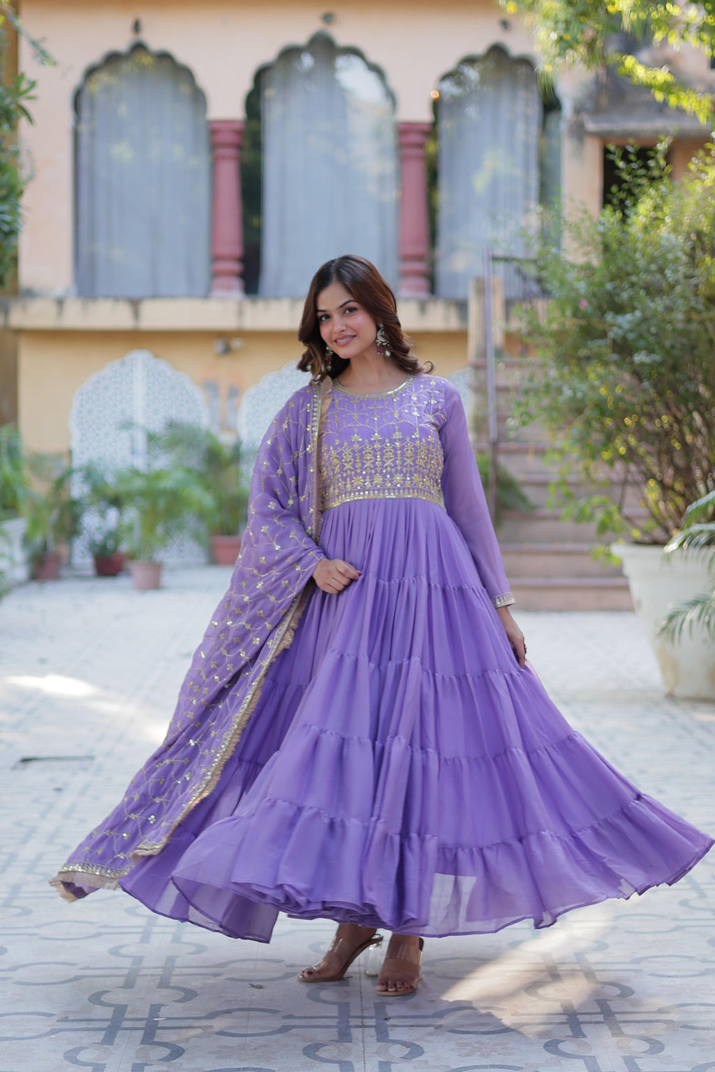 Spellbinding Georgette Ruffle Sequins Embroidered Gown With Dupatta - Ethnicwish