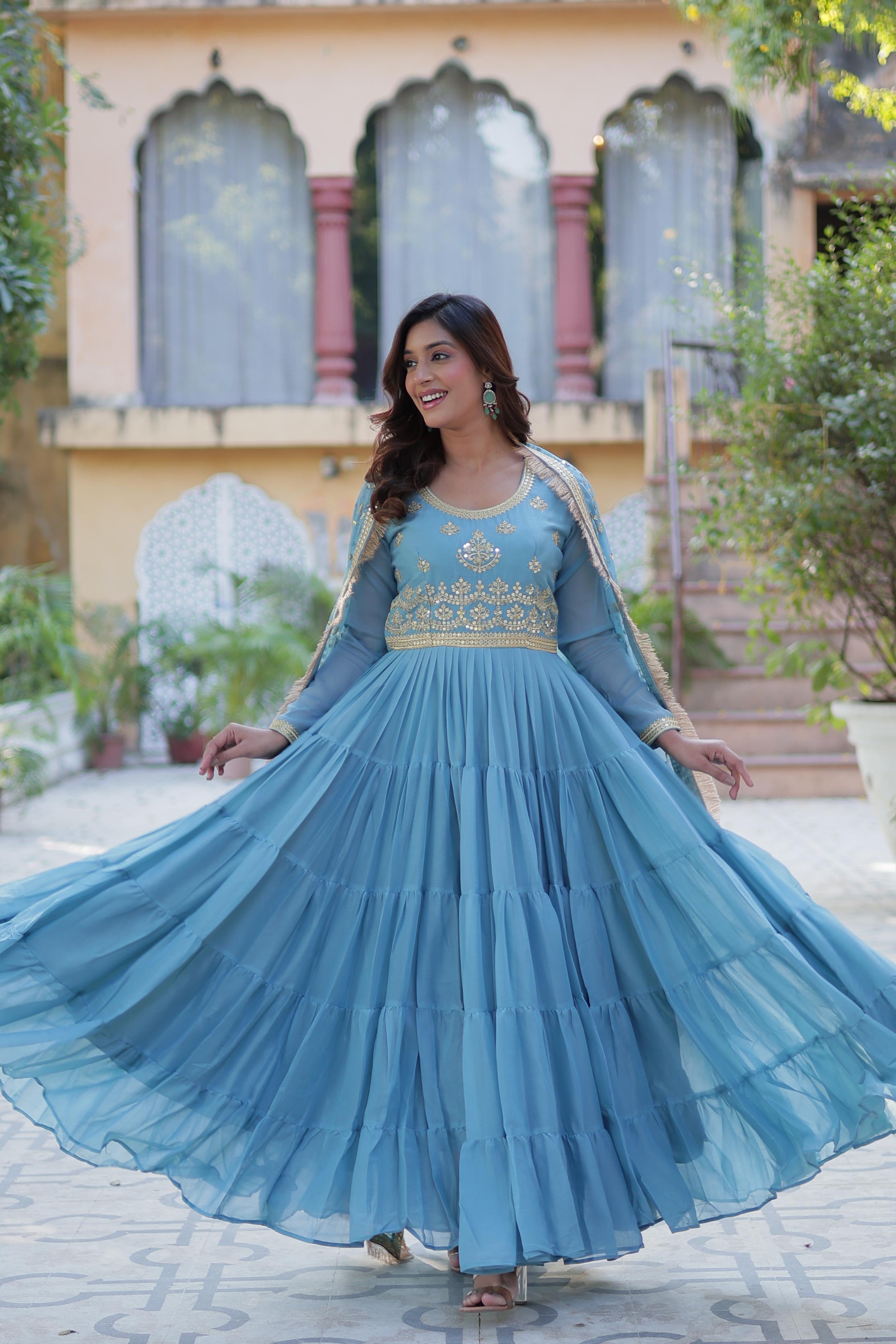 Spellbinding Georgette Ruffle Sequins Embroidered Gown With Dupatta - Ethnicwish