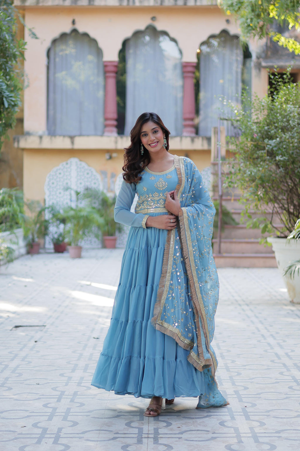 Spellbinding Georgette Ruffle Sequins Embroidered Gown With Dupatta - Ethnicwish