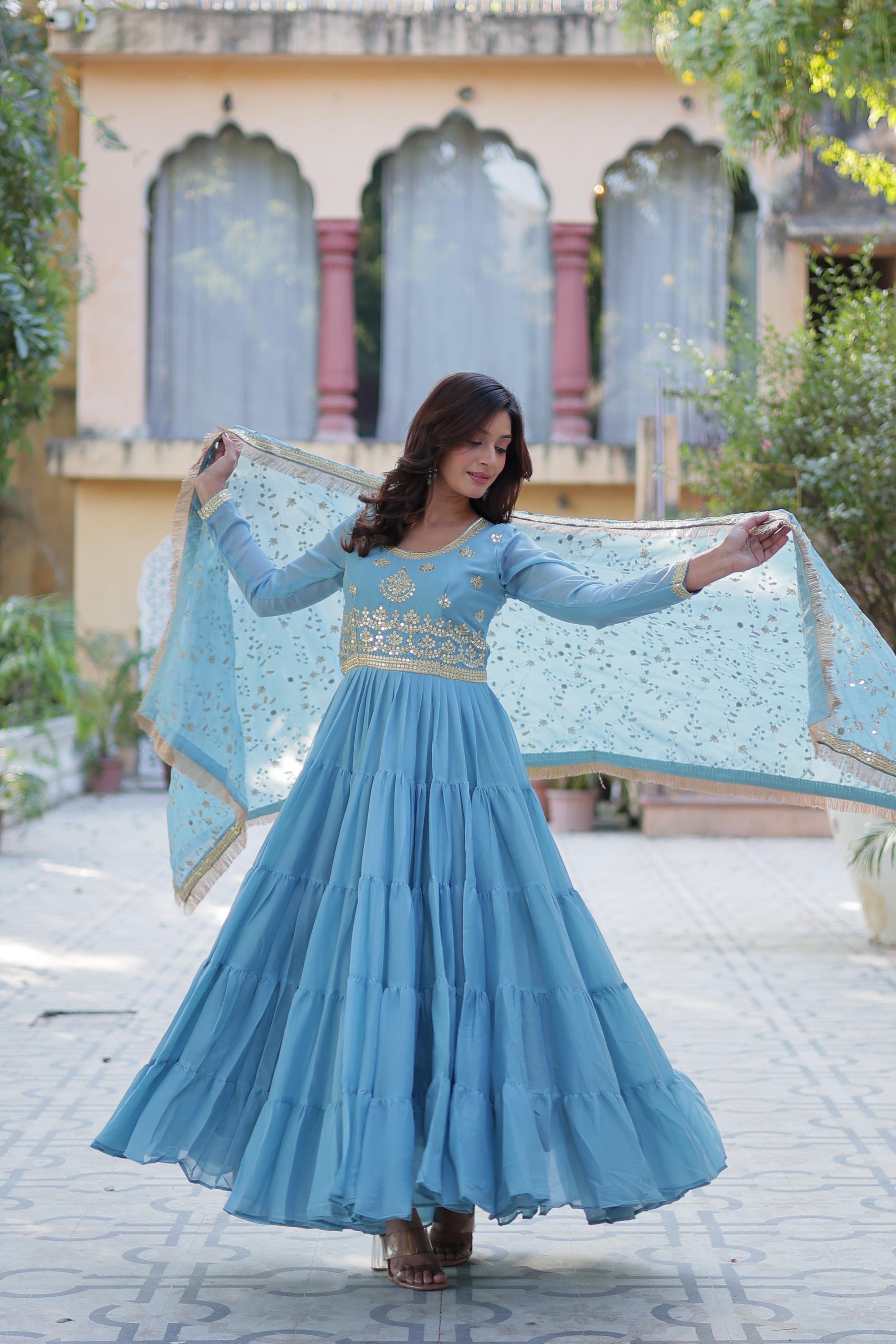 Spellbinding Georgette Ruffle Sequins Embroidered Gown With Dupatta - Ethnicwish