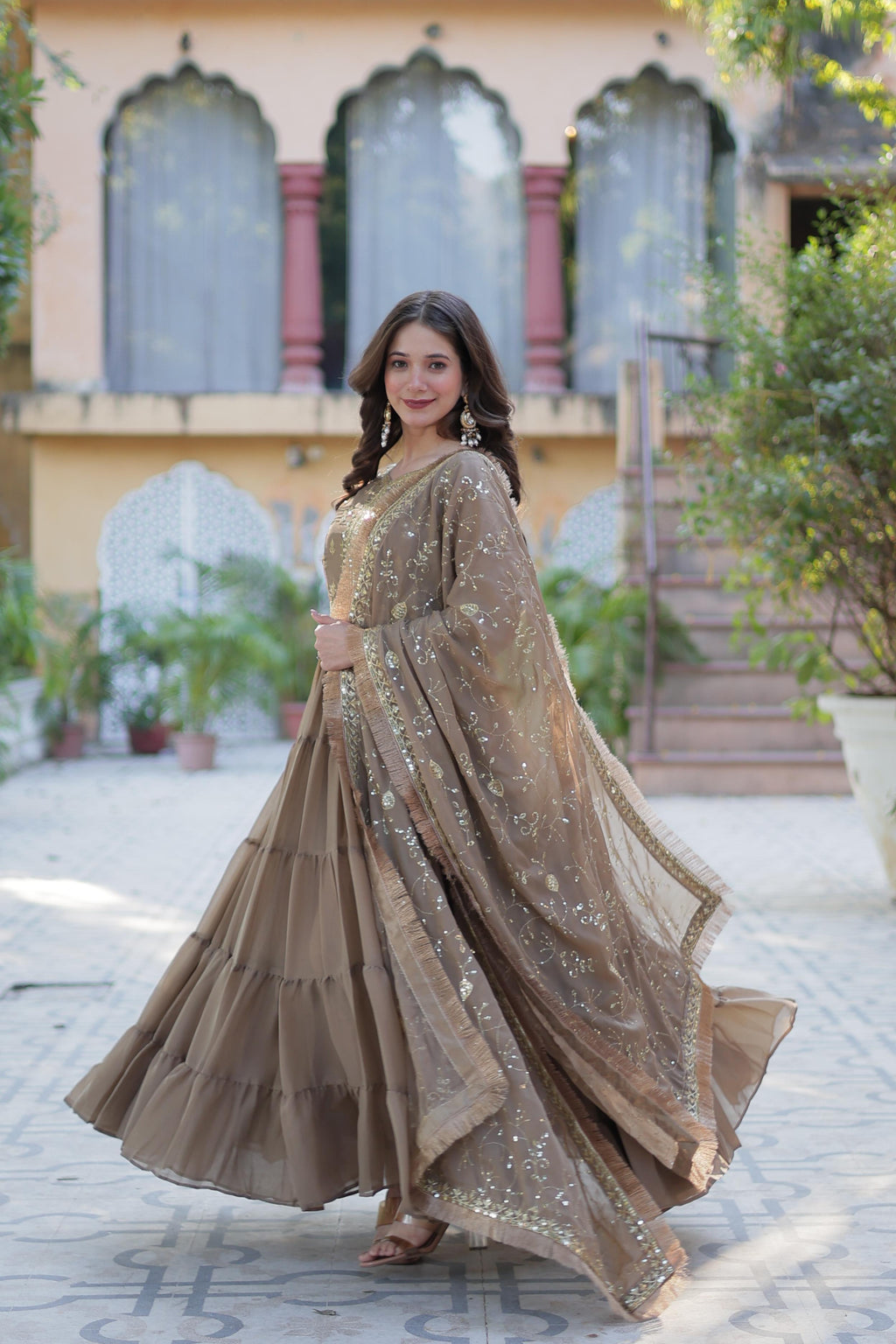 Spellbinding Georgette Ruffle Sequins Embroidered Gown With Dupatta - Ethnicwish