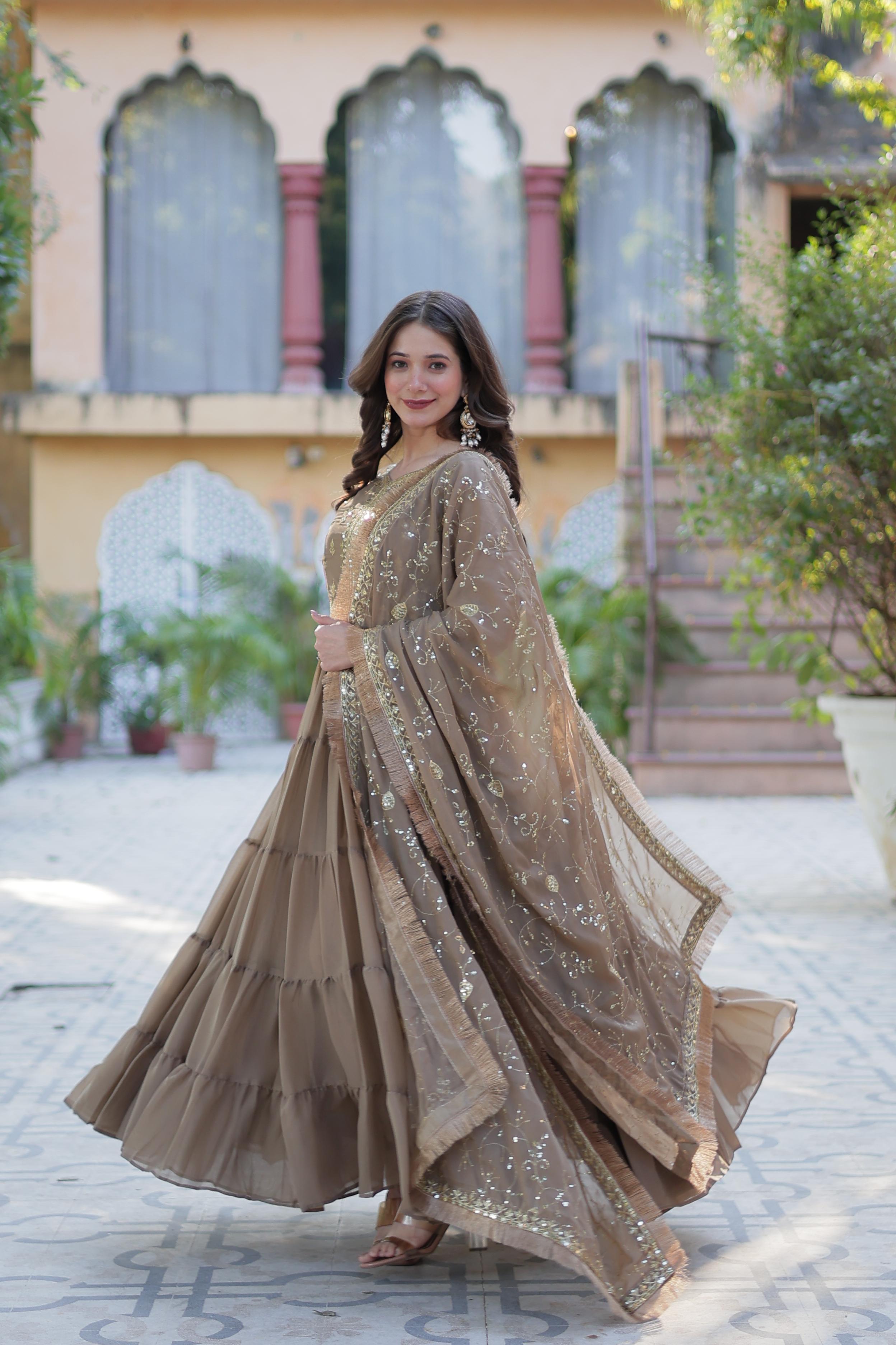 Spellbinding Georgette Ruffle Sequins Embroidered Gown With Dupatta - Ethnicwish