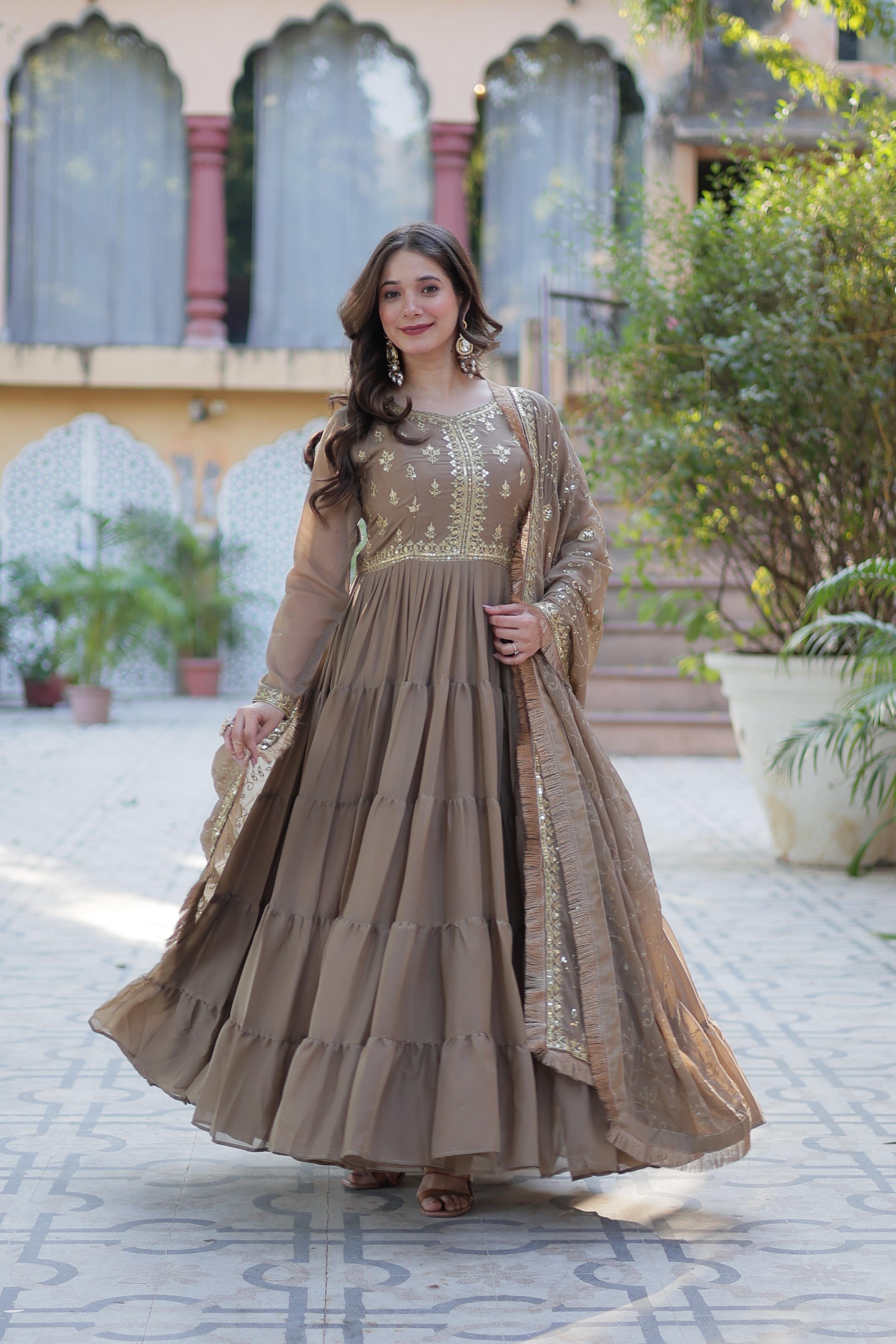 Spellbinding Georgette Ruffle Sequins Embroidered Gown With Dupatta - Ethnicwish