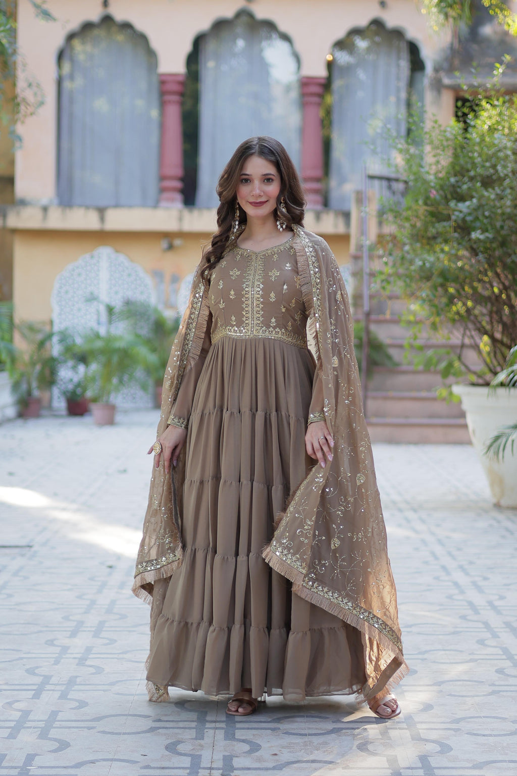 Spellbinding Georgette Ruffle Sequins Embroidered Gown With Dupatta - Ethnicwish