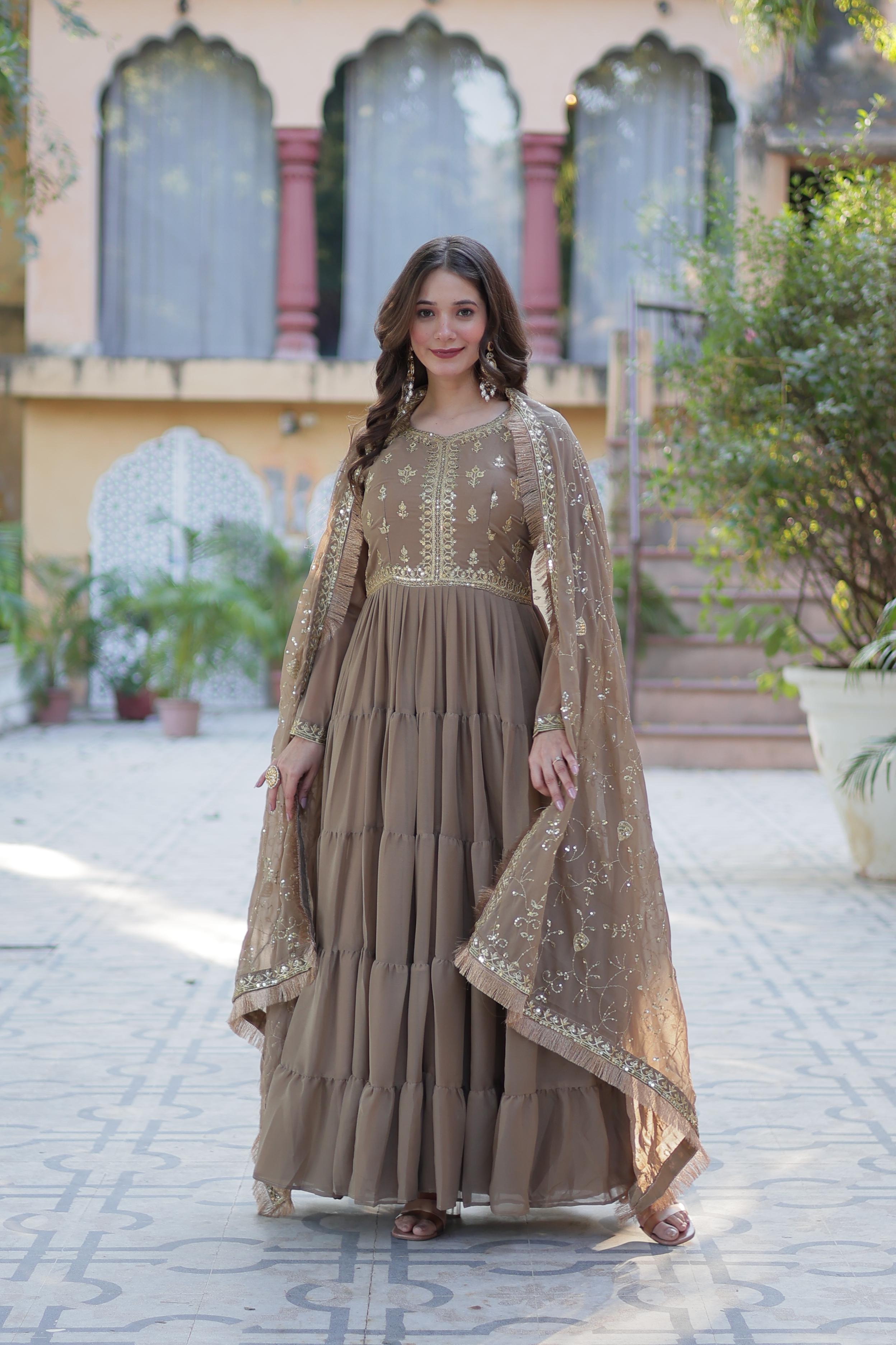 Spellbinding Georgette Ruffle Sequins Embroidered Gown With Dupatta - Ethnicwish