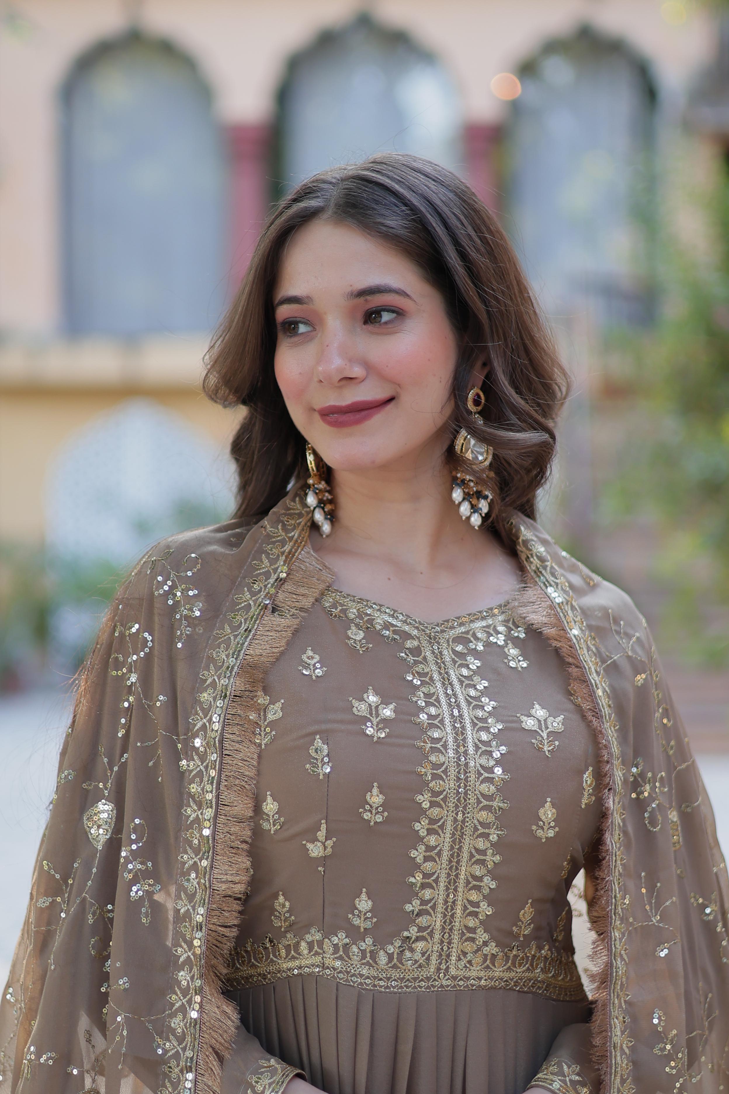 Spellbinding Georgette Ruffle Sequins Embroidered Gown With Dupatta - Ethnicwish