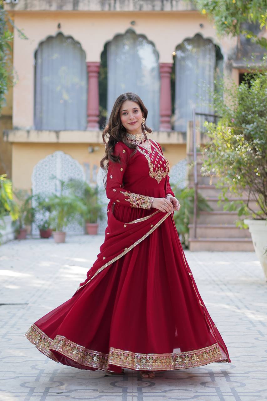 Ravishing Faux Georgette Rich Sequins Embroidered Gown With Dupatta - Ethnicwish